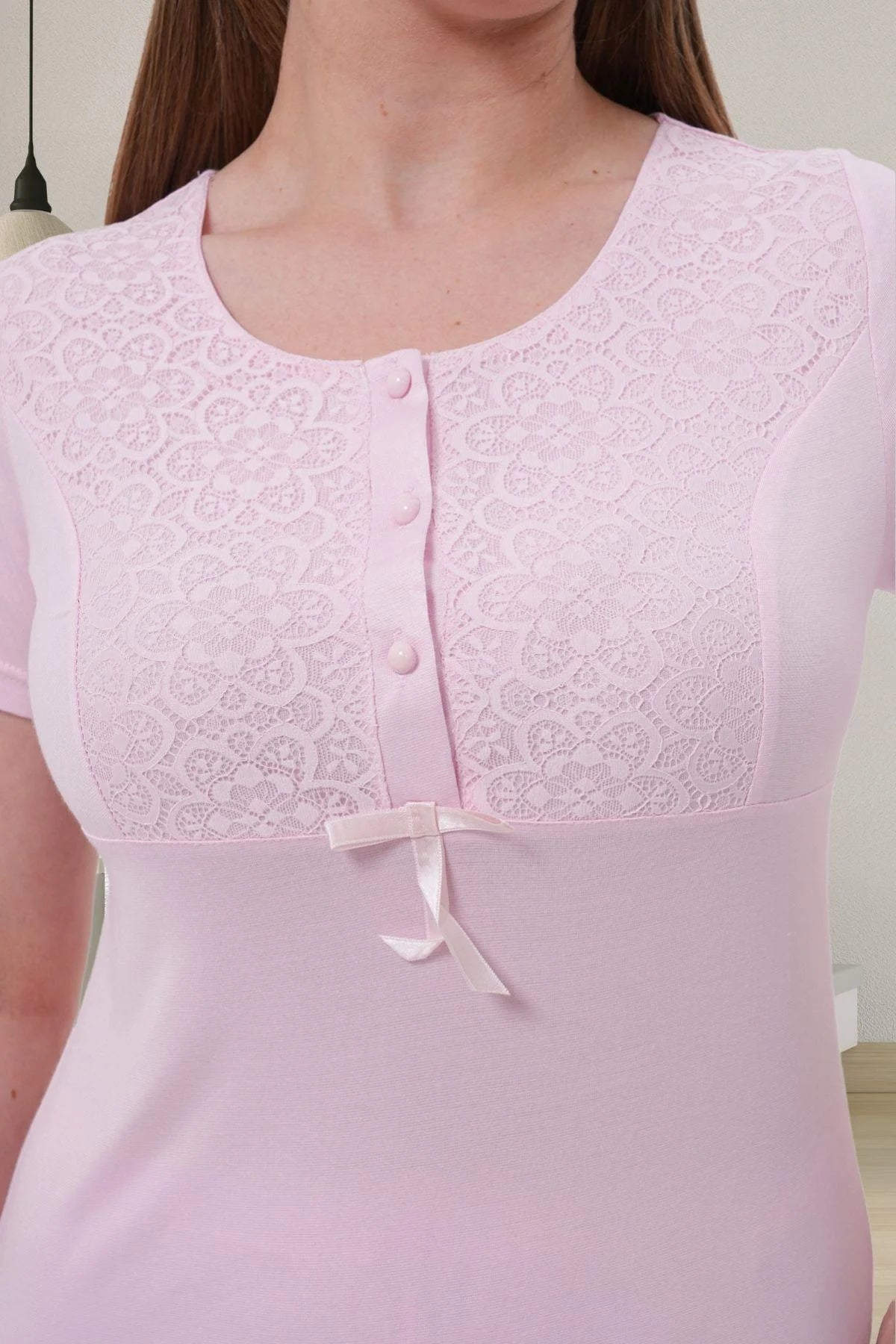 Delicate Lace Collar 3-Piece Maternity-Nursing Pajama & Robe Set Pink - 1541