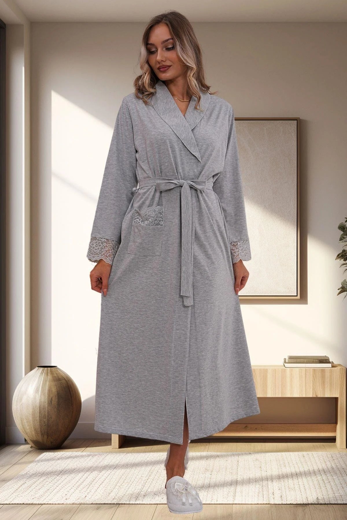 Lace Sleeve Maternity Robe Grey - 1543