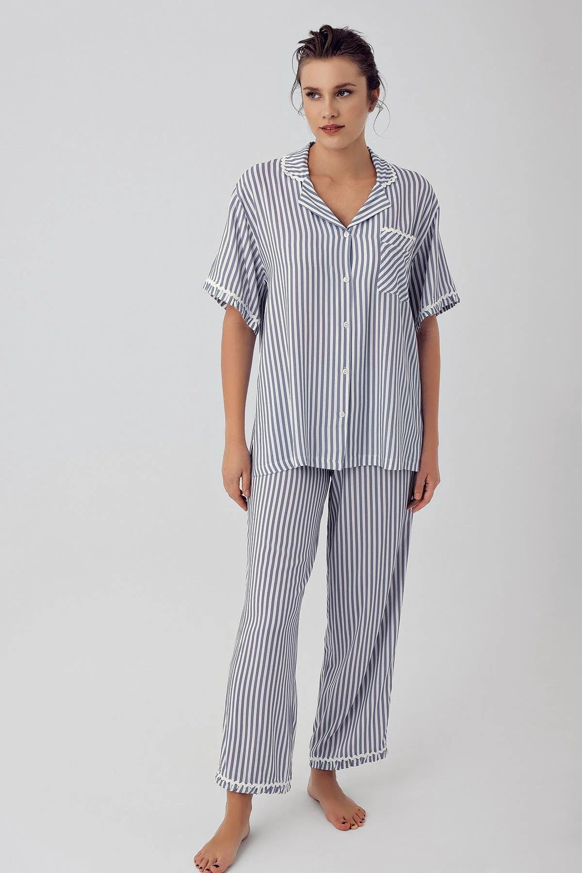 Striped Maternity & Nursing Pajamas Indigo - 16203