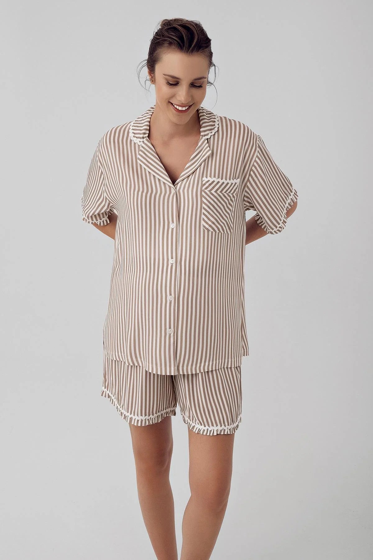 Striped Maternity & Nursing Shorts Set Beige - 16204