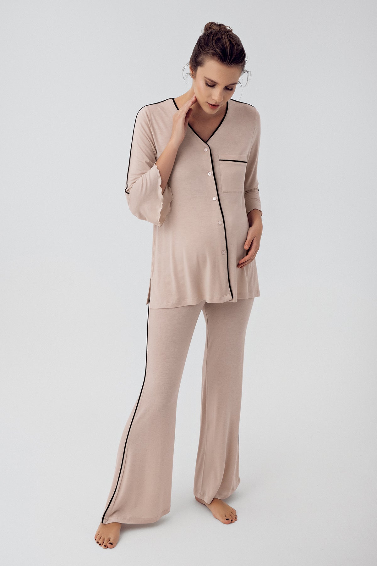 Strip Maternity & Nursing Pajama Set Beige - 16207