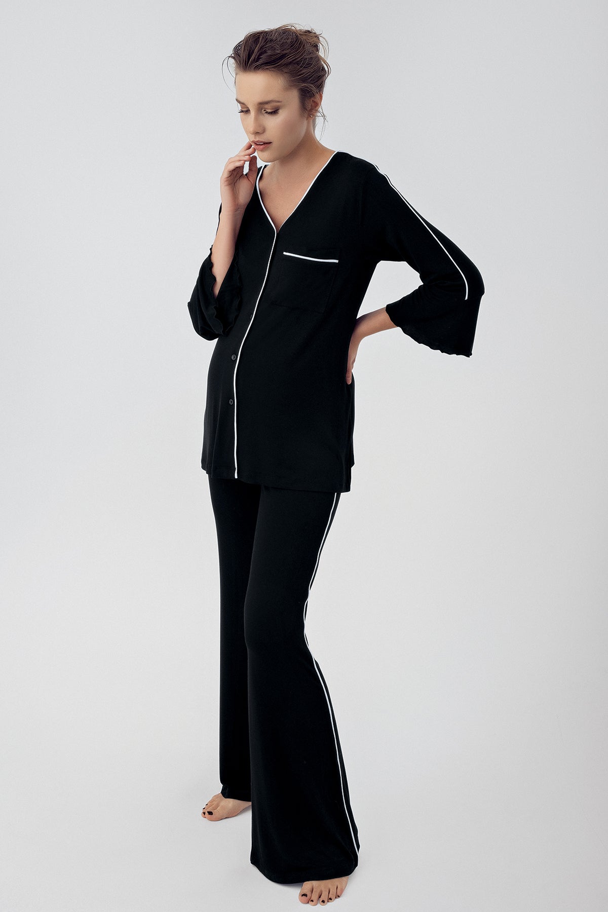 Strip Maternity & Nursing Pajama Set Black - 16207