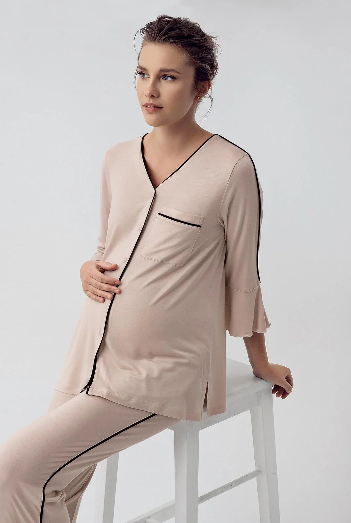Strip Maternity & Nursing Pajama Set Beige - 16207
