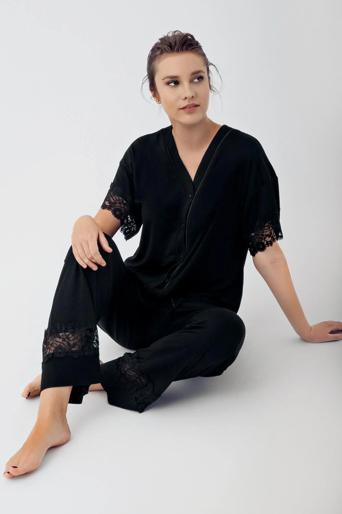 Lace Sleeve Maternity & Nursing Pajama Set Black - 16211