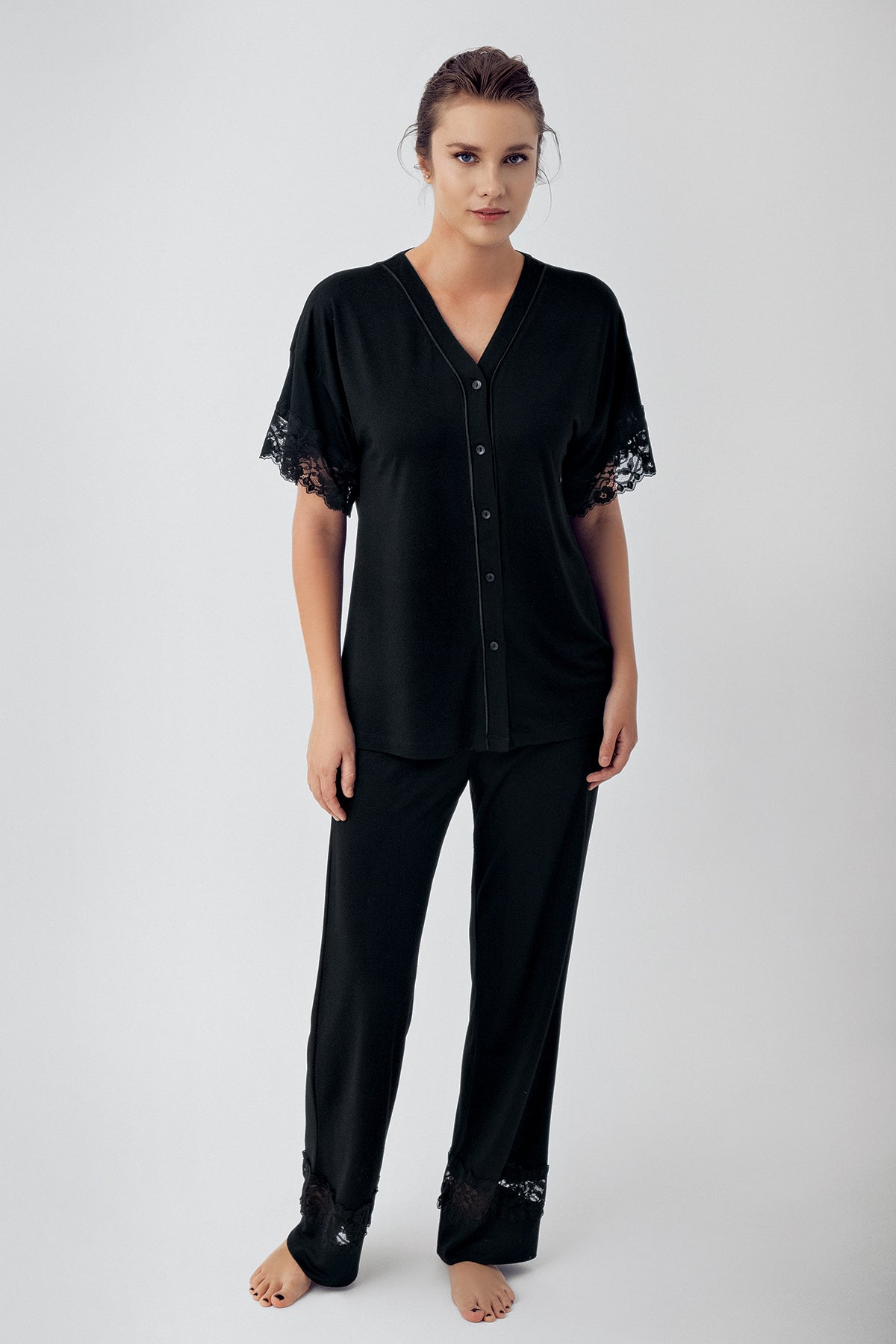 Lace Sleeve Maternity & Nursing Pajama Set Black - 16211