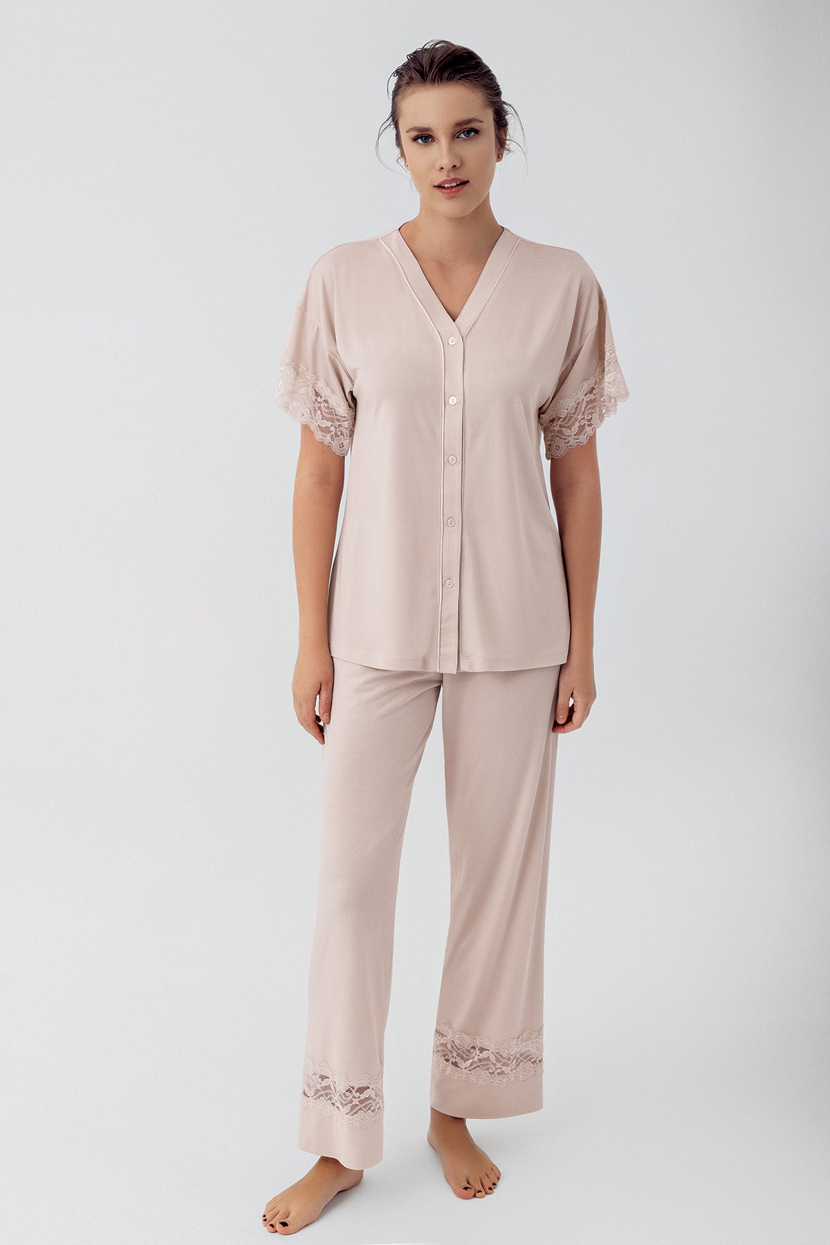 Lace Sleeve Maternity & Nursing Pajamas Beige - 16211