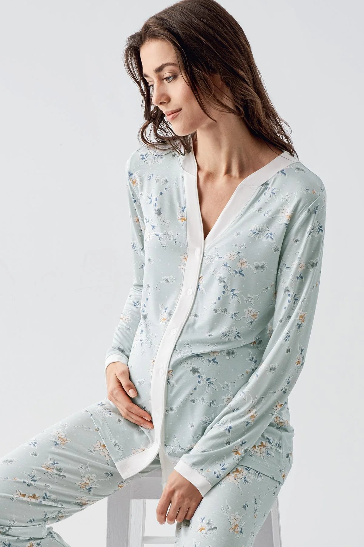 Flower Patterned Maternity & Nursing Pajama Set Green - 16214