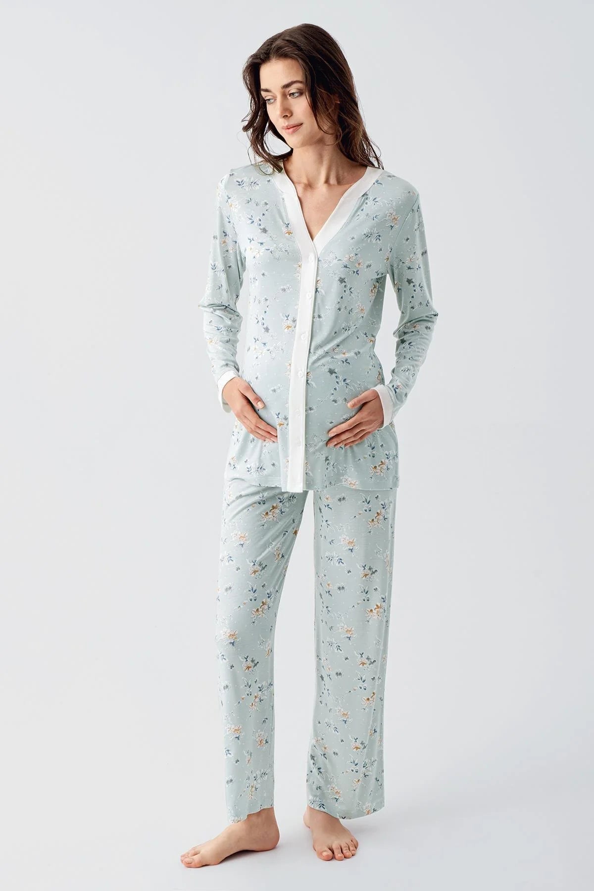 Flower Patterned Maternity & Nursing Pajama Set Green - 16214