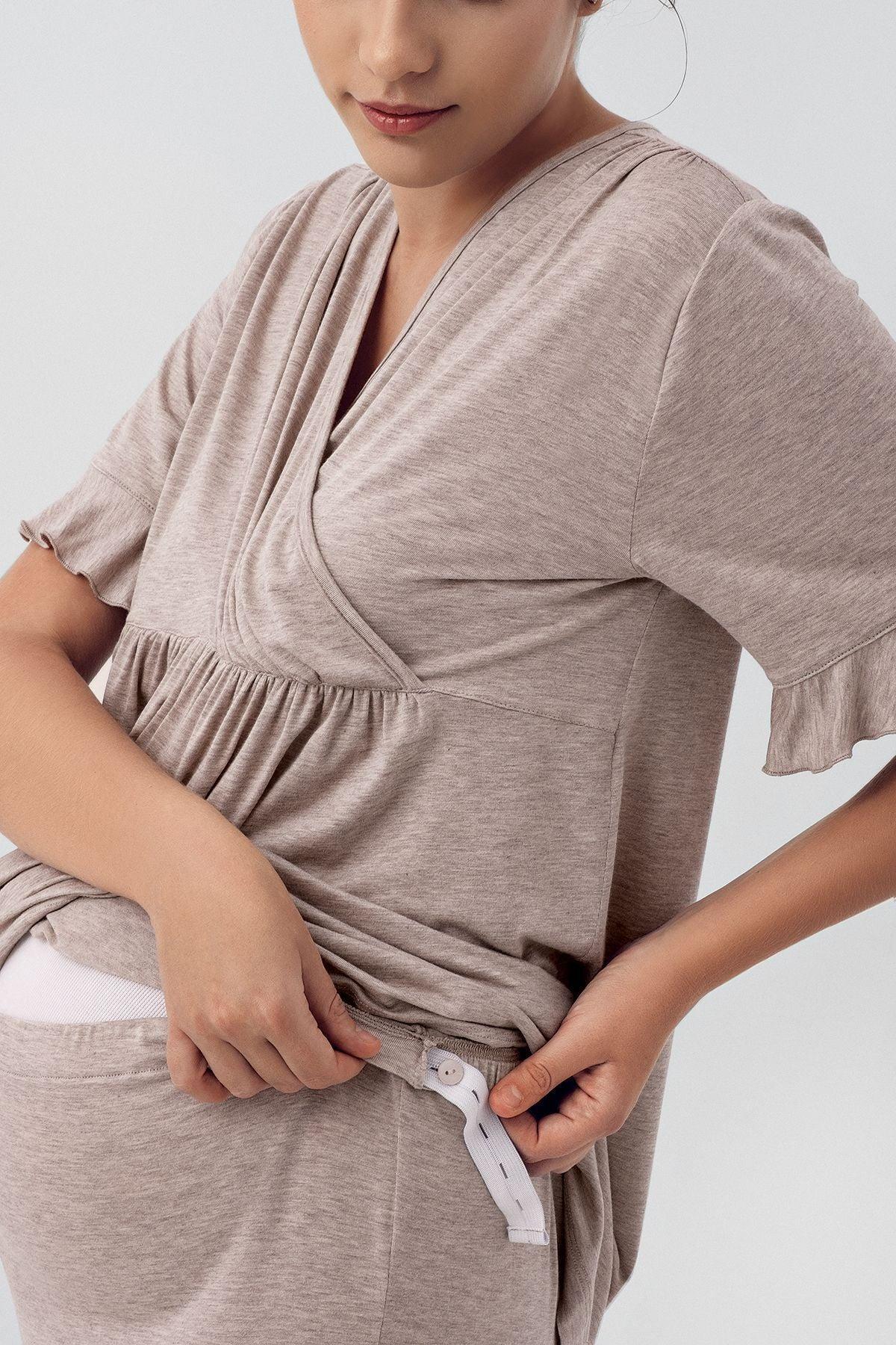 Double Breasted 3-Piece Maternity-Nursing Pajama & Flywheel Arm Robe Set Beige - 16309