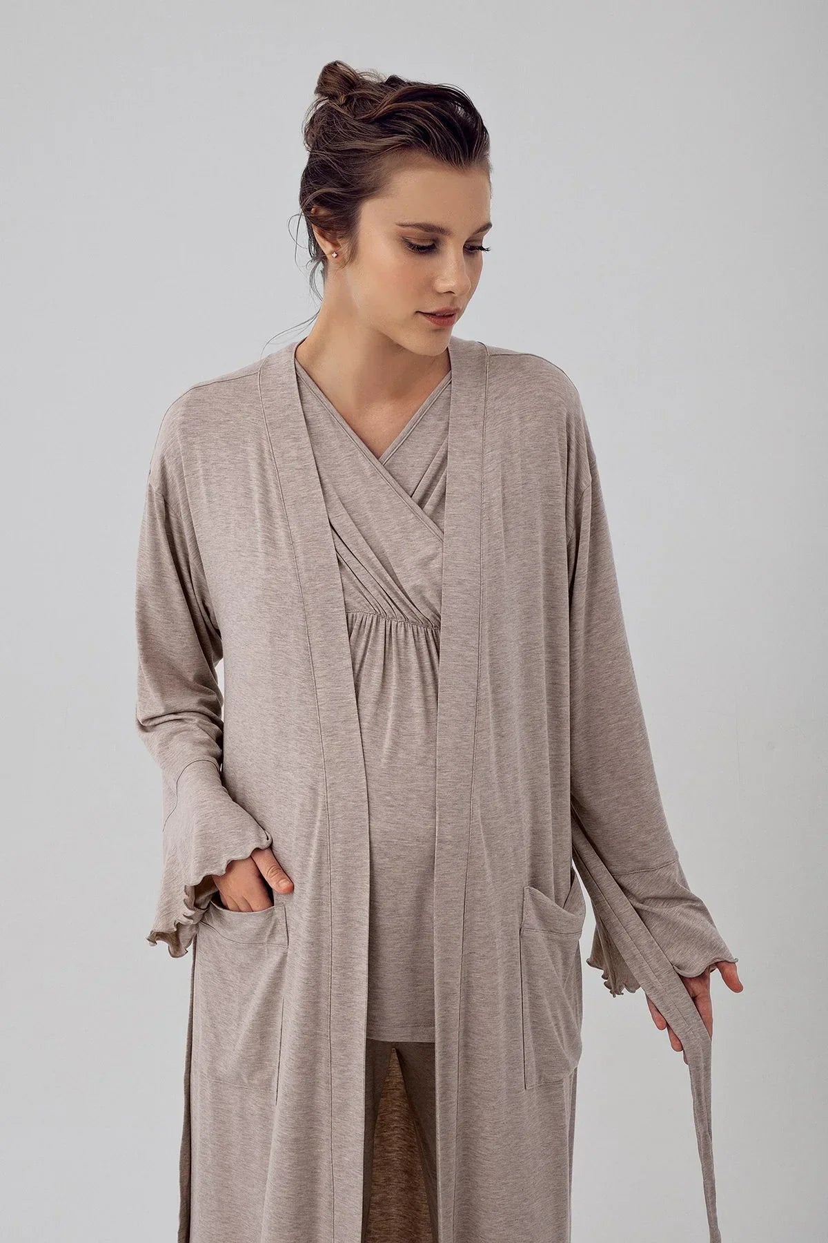 Double Breasted 3-Piece Maternity-Nursing Pajama & Flywheel Arm Robe Set Beige - 16309