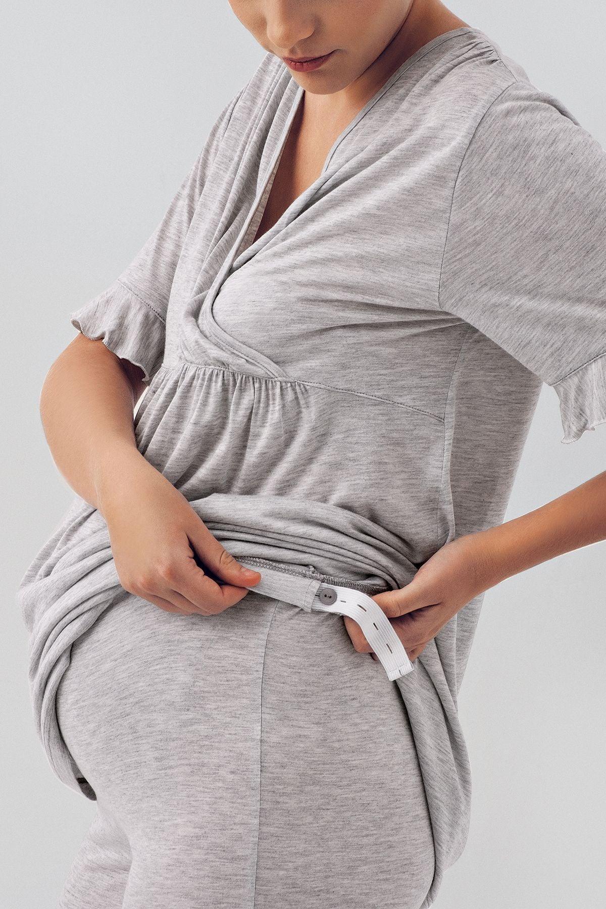 Double Breasted 3-Piece Maternity-Nursing Pajama & Flywheel Arm Robe Set Grey - 16309