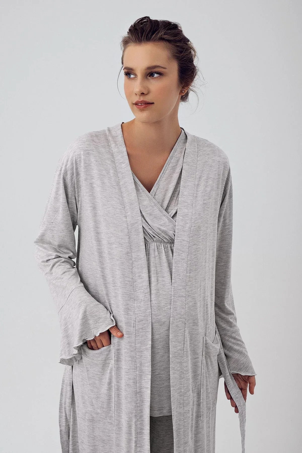 Double Breasted 3-Piece Maternity-Nursing Pajama & Flywheel Arm Robe Set Grey - 16309