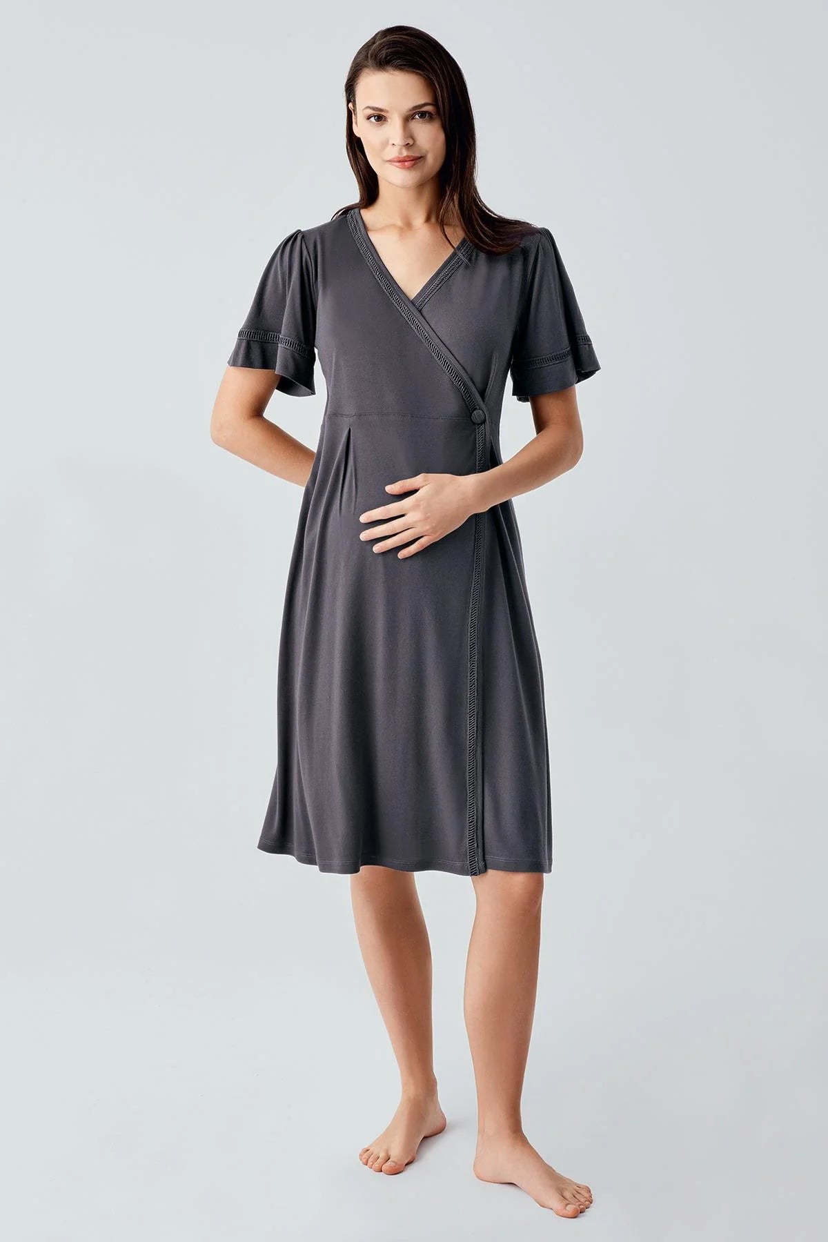 Double Breasted Maternity-Nursing Nightgown & Robe Set Anthracite - 16400