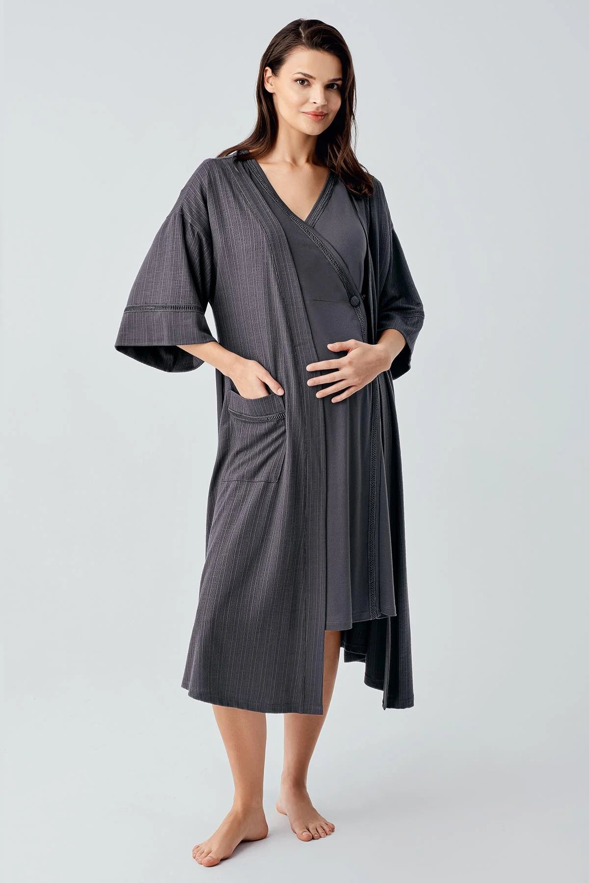 Double Breasted Maternity-Nursing Nightgown & Robe Set Anthracite - 16400