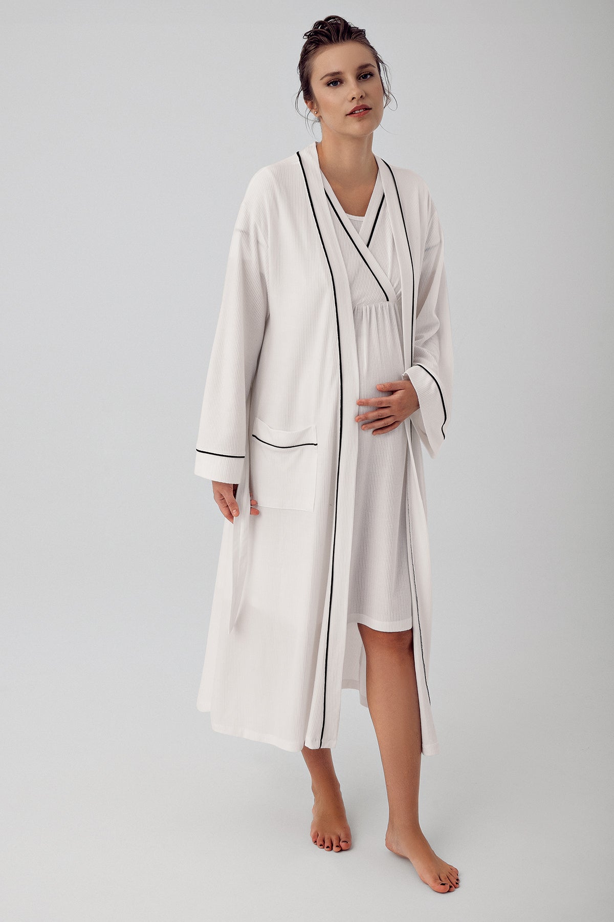 Double Breasted Maternity-Nursing Nightgown & Robe Set Ecru - 16402