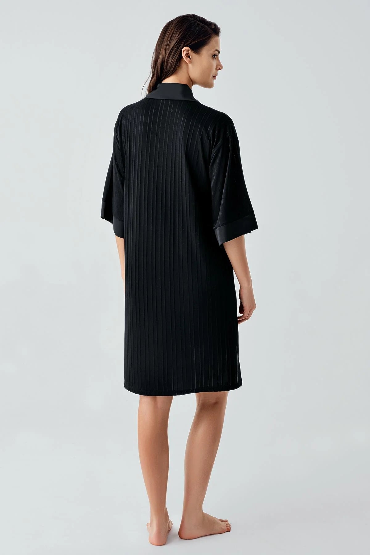 Jacquard Shirt Collar Maternity & Nursing Nightgown Black - 17102