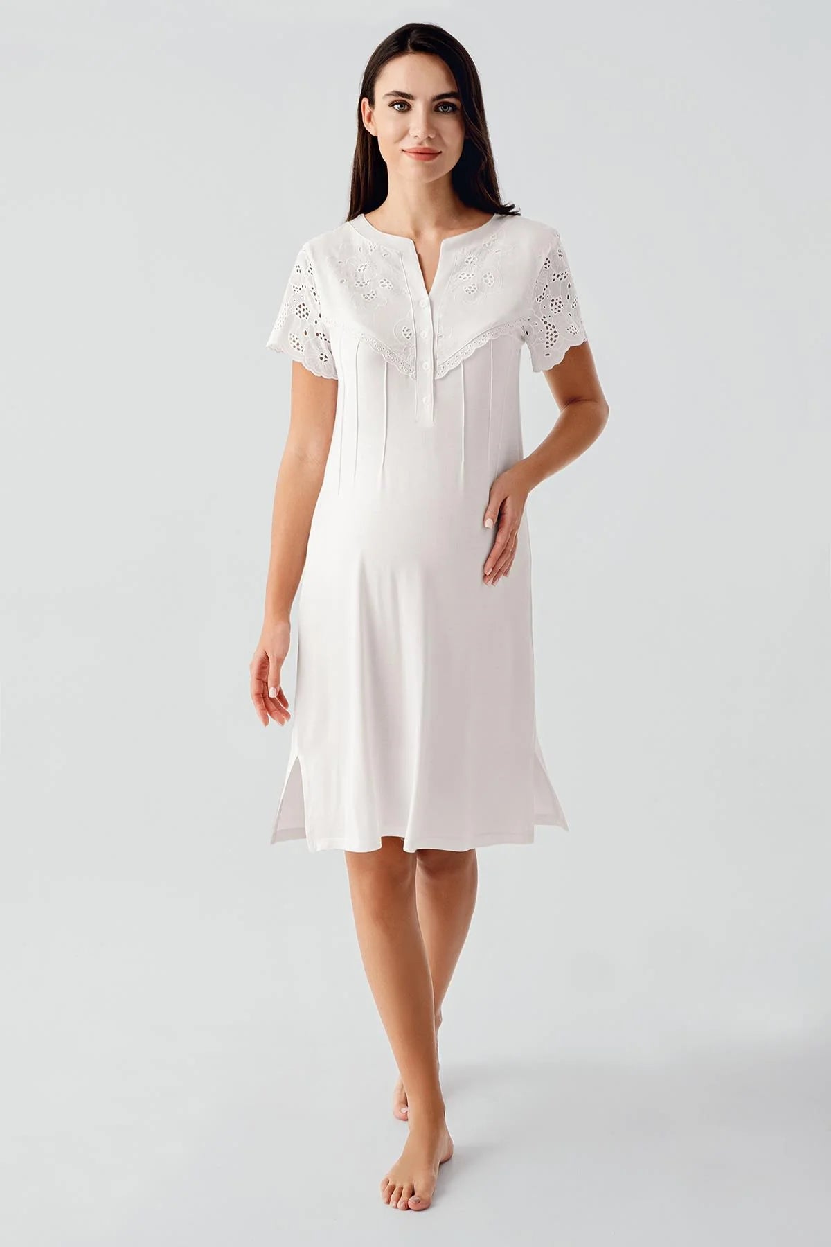 Embroidered Detailed 4-Piece Maternity-Nursing Set Ecru - 403203