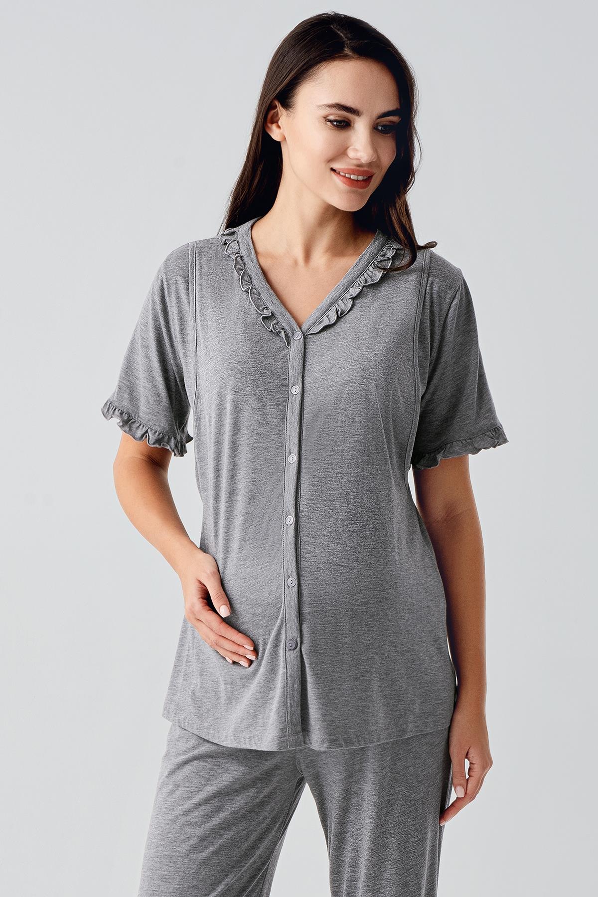 Pleated Double Breastfeeding Maternity & Nursing Pajama Set Grey - 17200