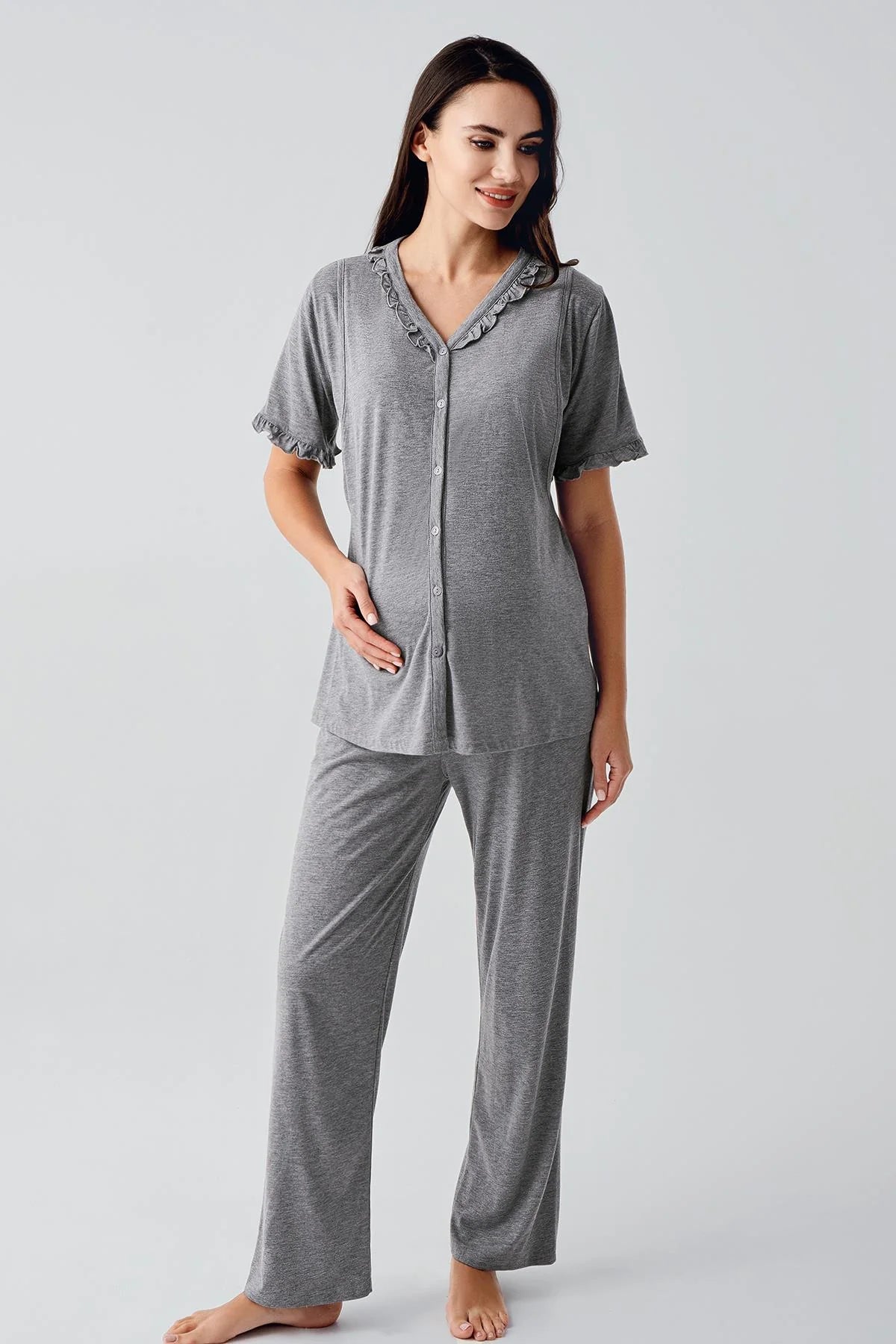 Pleated Double Breastfeeding Maternity & Nursing Pajama Set Grey - 17200