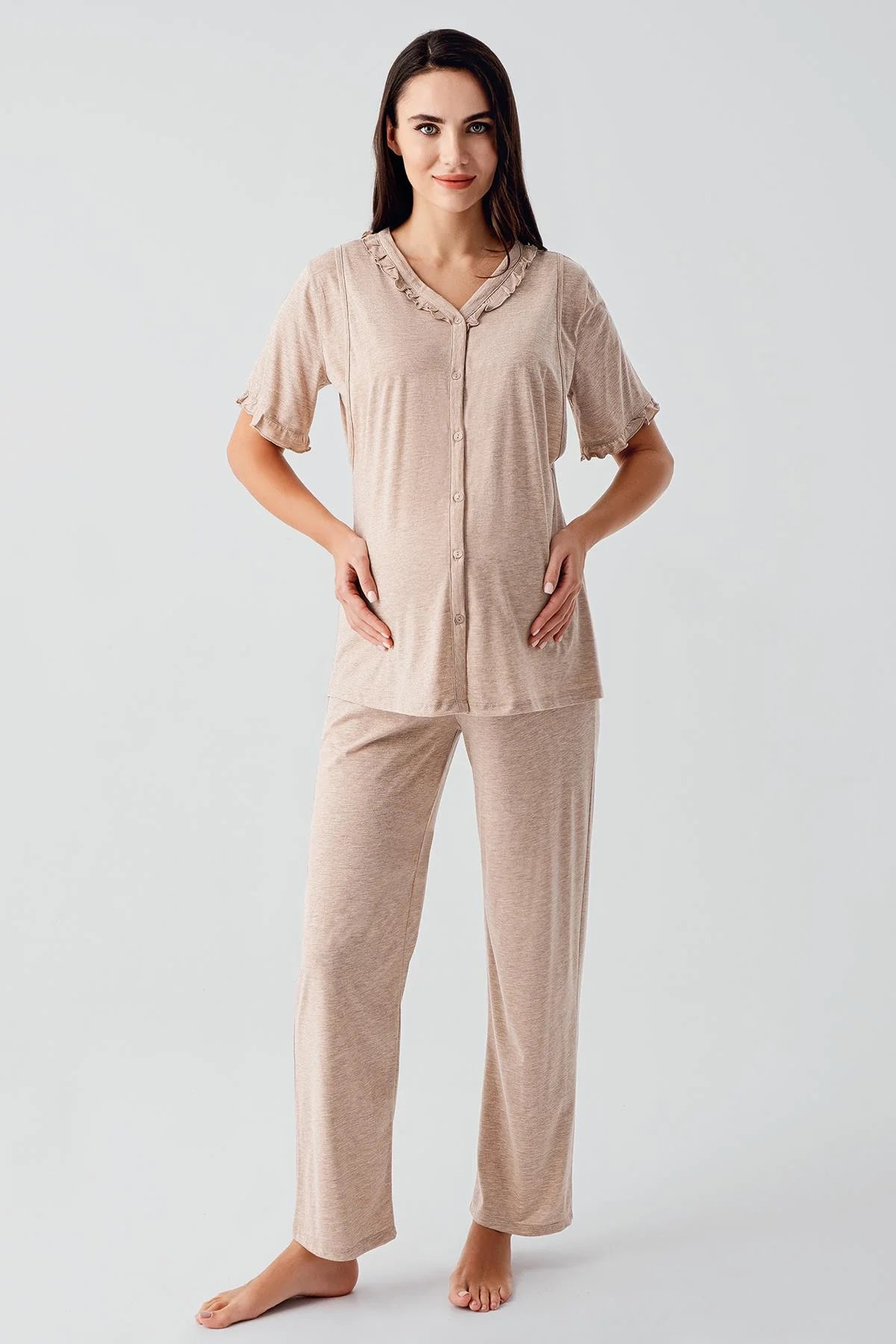 Pleated Double Breastfeeding Maternity & Nursing Pajama Set Coffee - 17200