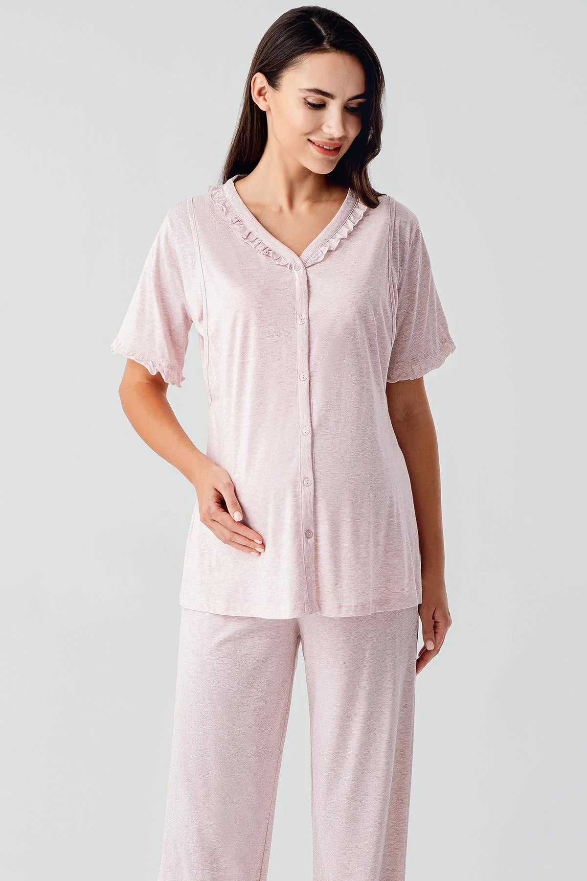 Pleated Double Breastfeeding Maternity & Nursing Pajama Set Pink - 17200