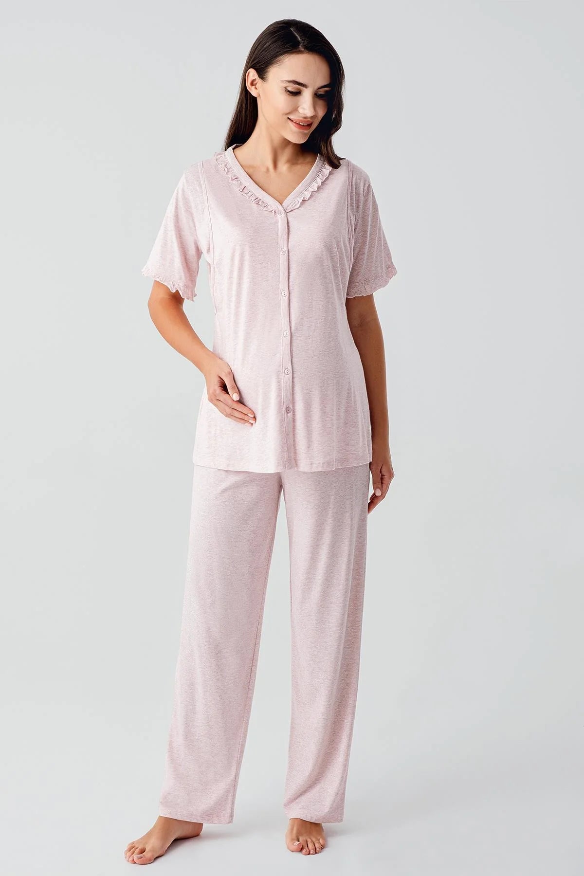 Pleated Double Breastfeeding Maternity & Nursing Pajama Set Pink - 17200