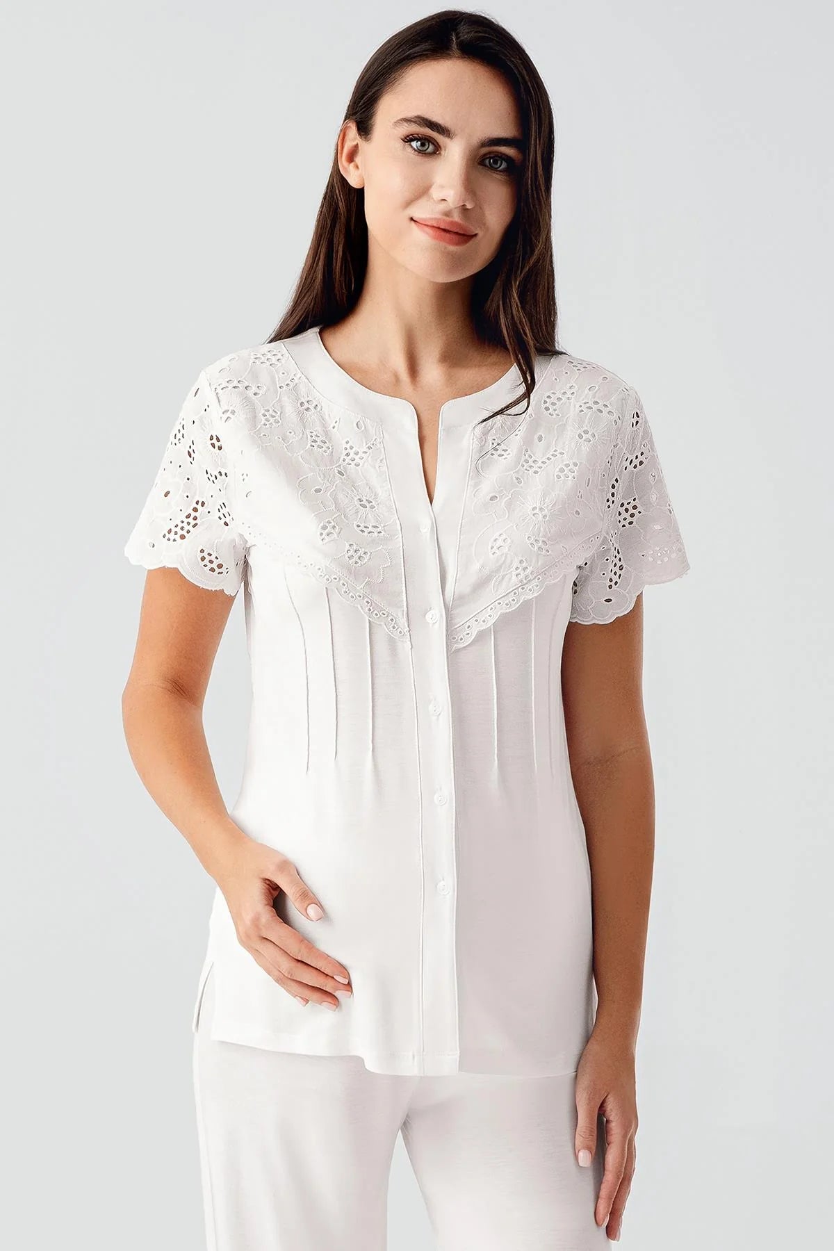 Embroidered Detailed 4-Piece Maternity-Nursing Set Ecru - 403203