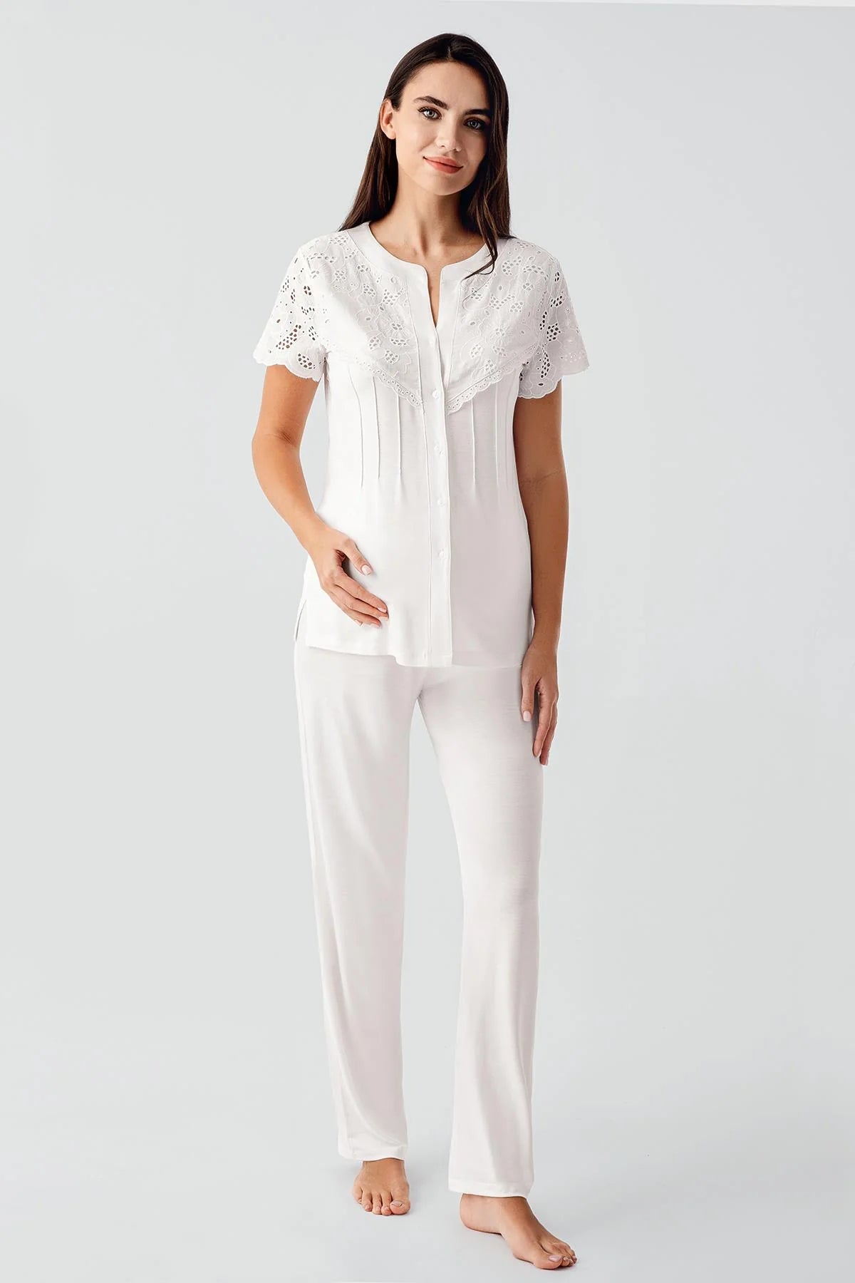 Embroidered Detailed 4-Piece Maternity-Nursing Set Ecru - 403203