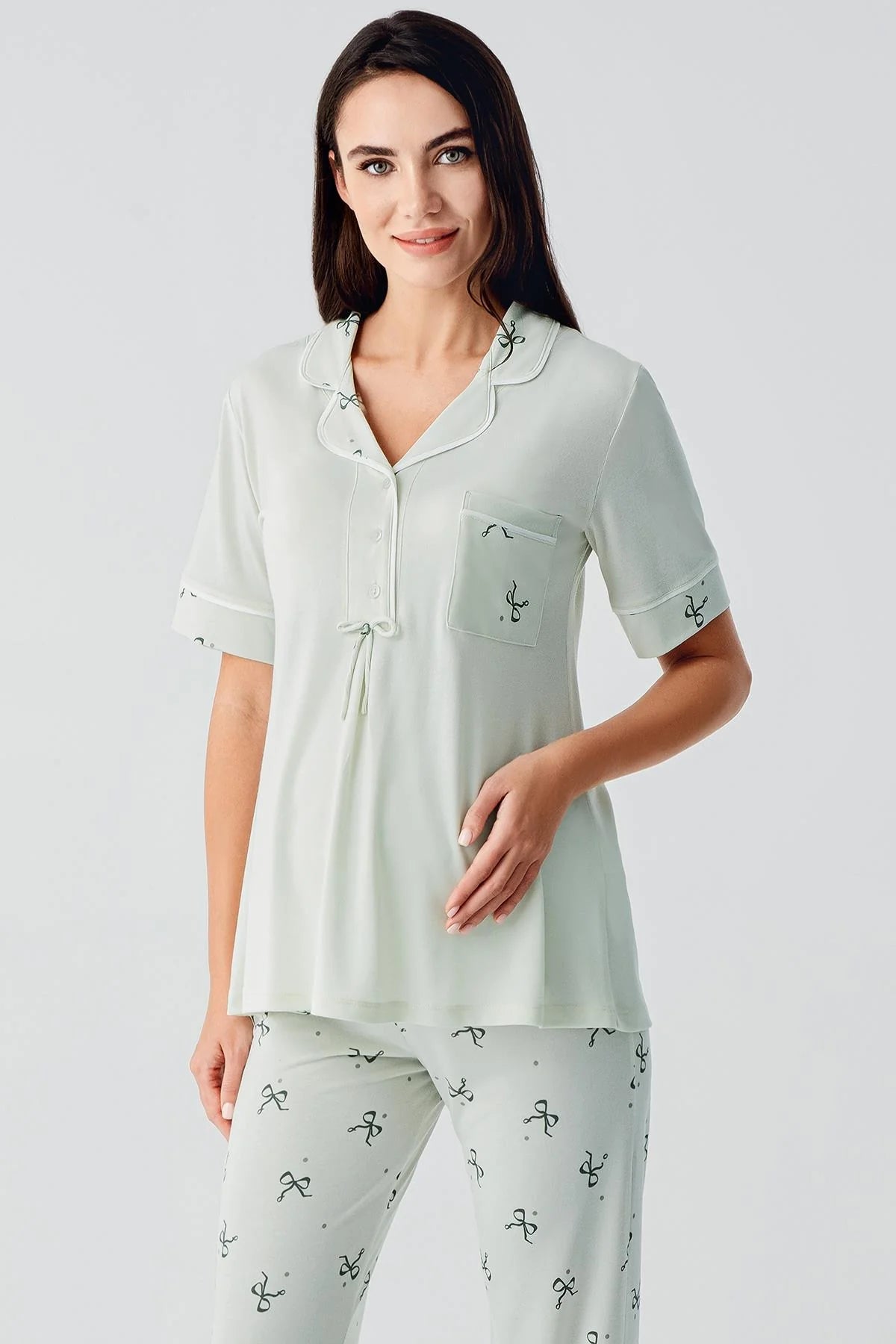Bow Pattern Maternity & Nursing Pajama Set Green - 17207