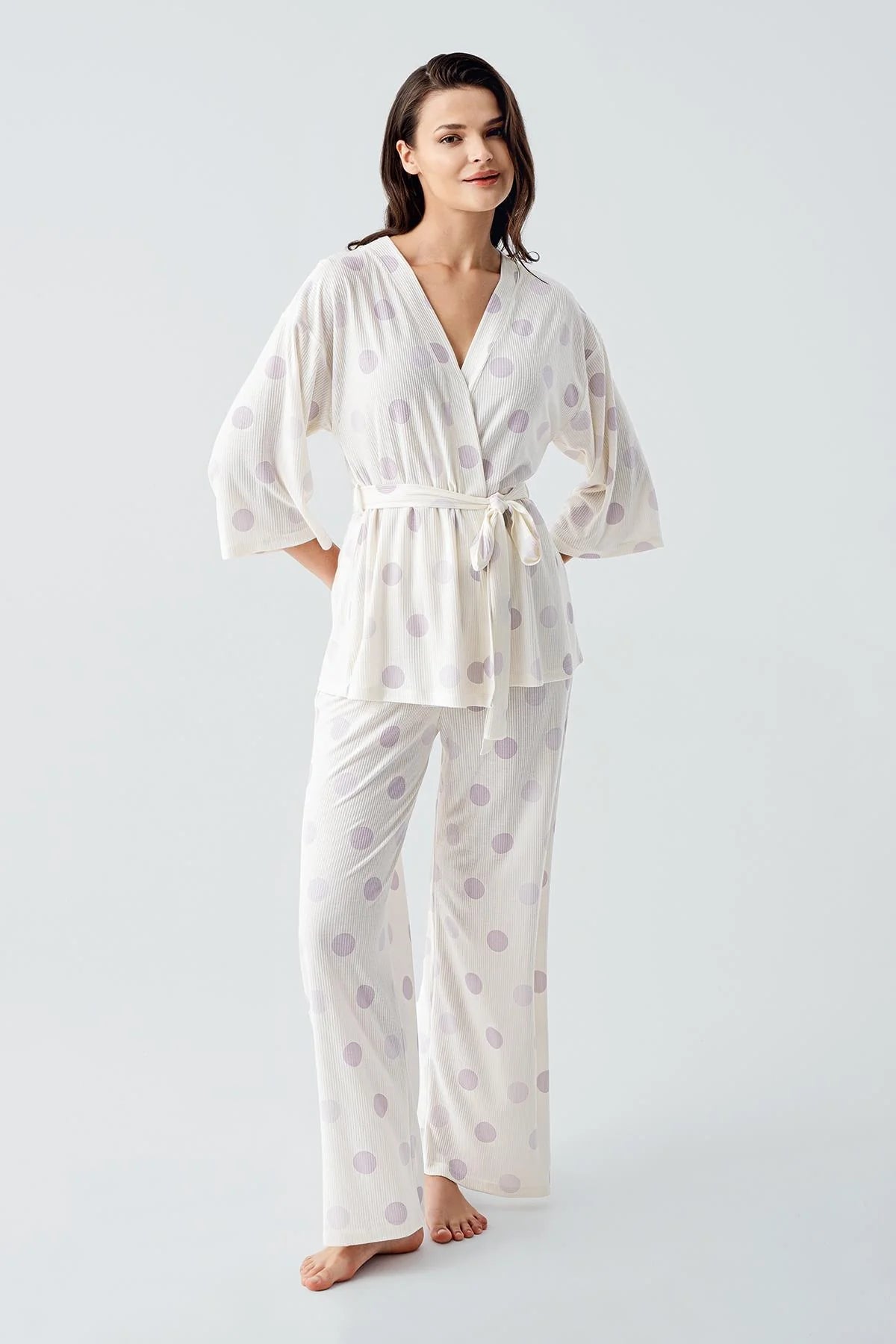 Polka Dot Kimono Maternity & Nursing Pajama Set Lilac - 17212