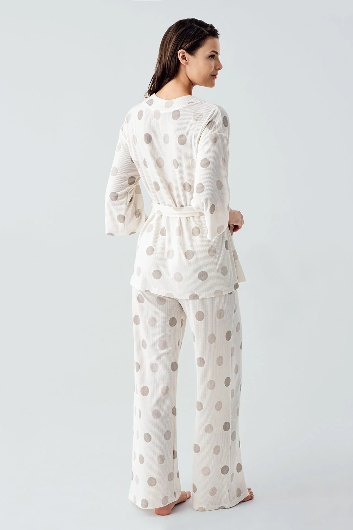 Polka Dot Kimono Maternity & Nursing Pajama Set Beige - 17212