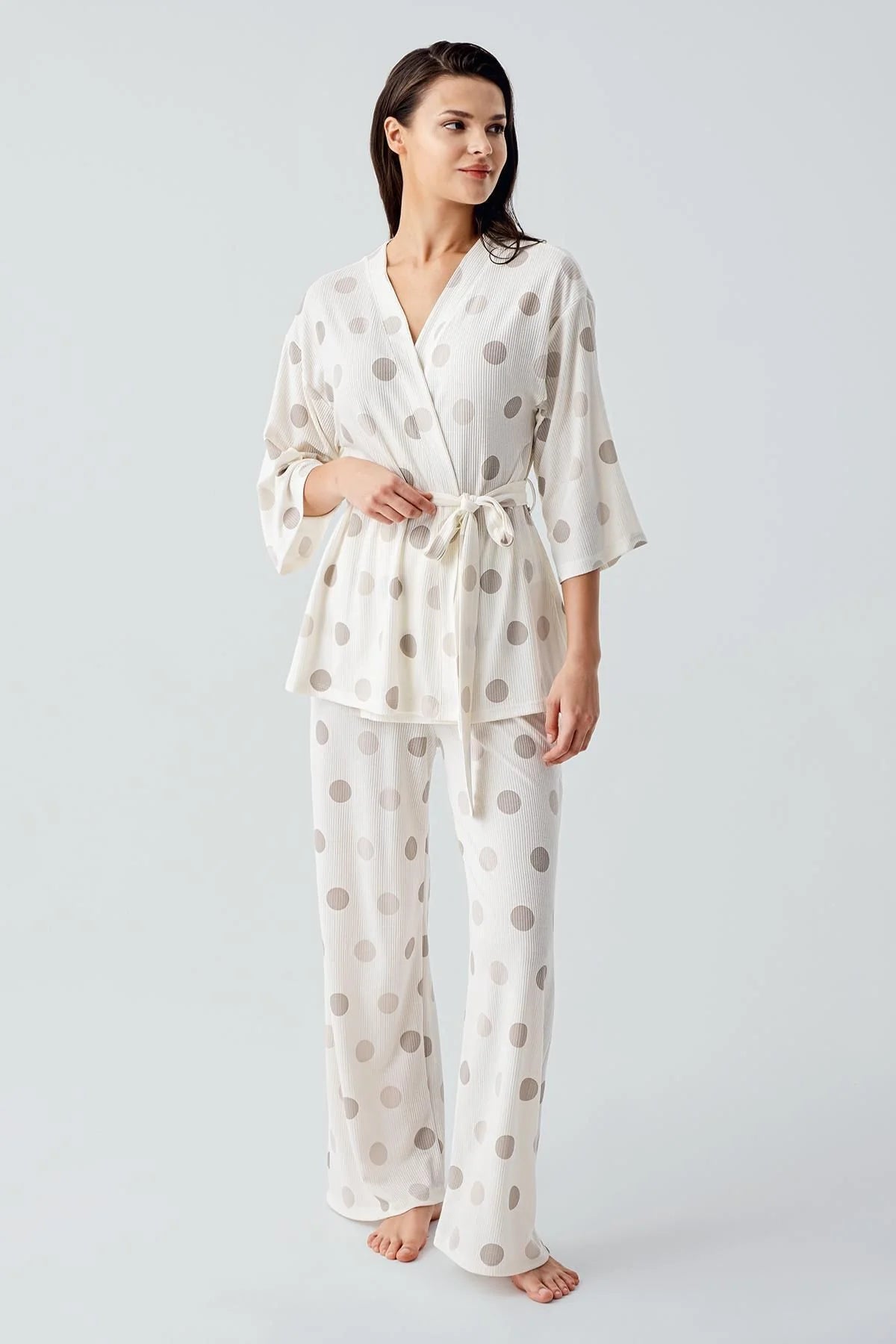 Polka Dot Kimono Maternity & Nursing Pajama Set Beige - 17212