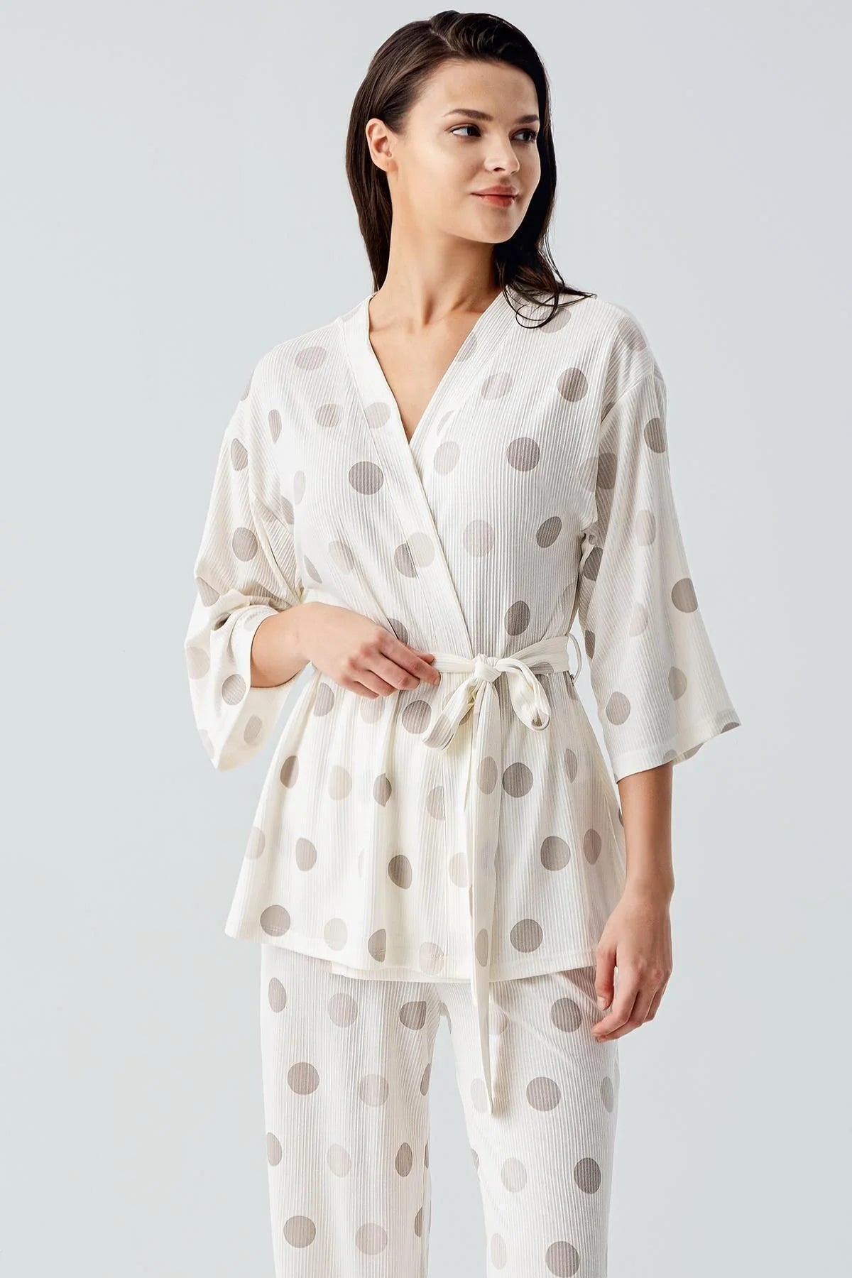 Polka Dot Kimono Maternity & Nursing Pajama Set Beige - 17212