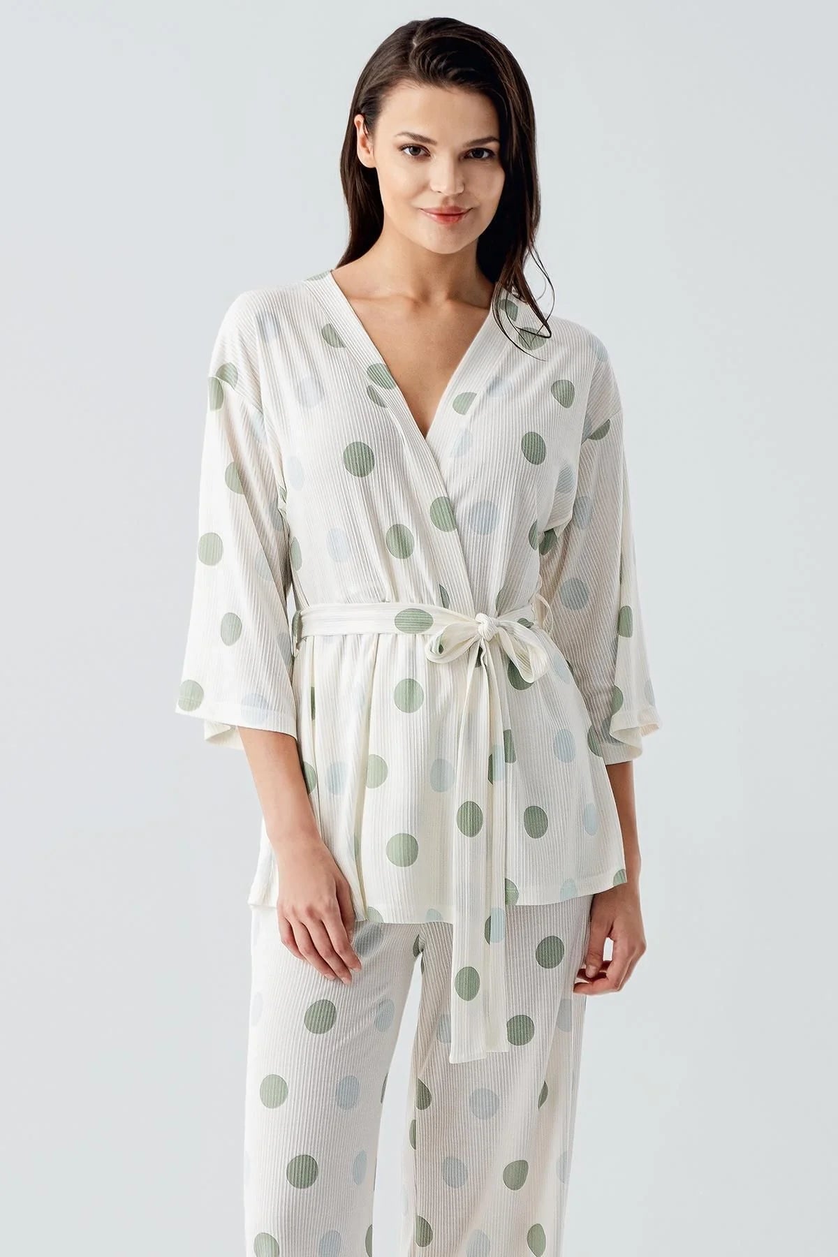 Polka Dot Kimono Maternity & Nursing Pajama Set Green - 17212