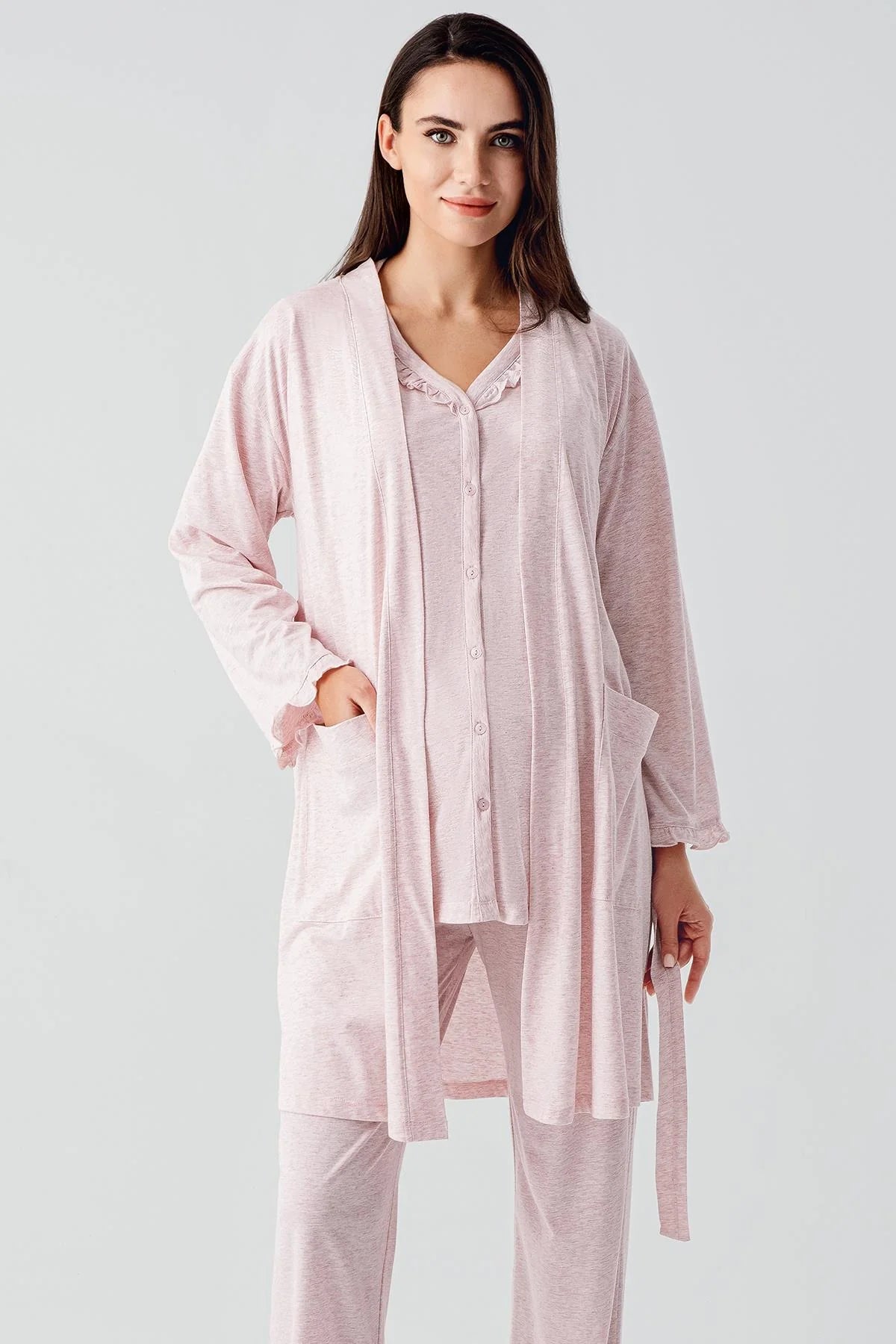 Pleated Double Breastfeeding 3-Piece Maternity-Nursing Pajama & Robe Set Pink - 17300