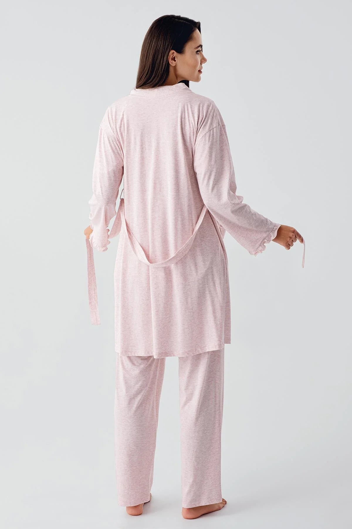 Pleated Double Breastfeeding 3-Piece Maternity-Nursing Pajama & Robe Set Pink - 17300