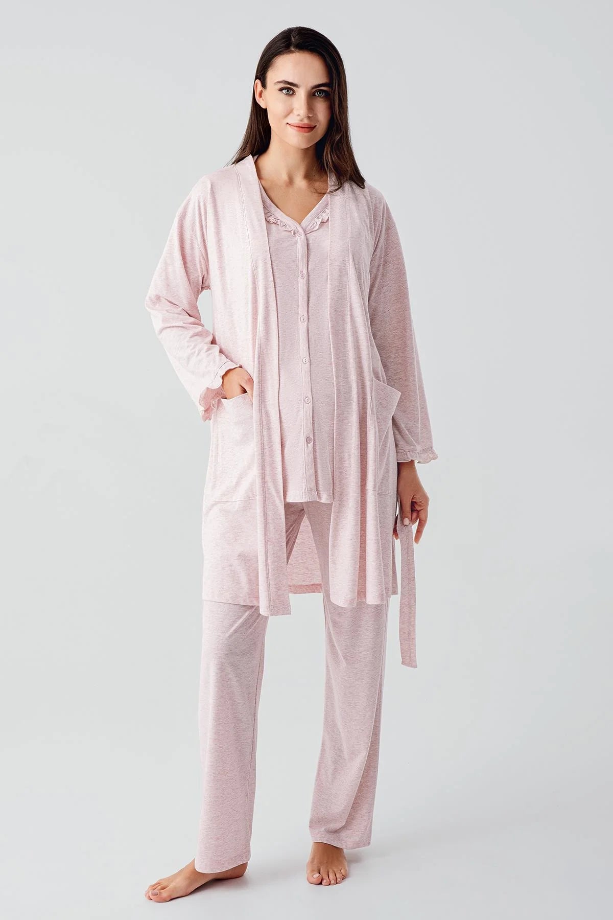 Pleated Double Breastfeeding 3-Piece Maternity-Nursing Pajama & Robe Set Pink - 17300