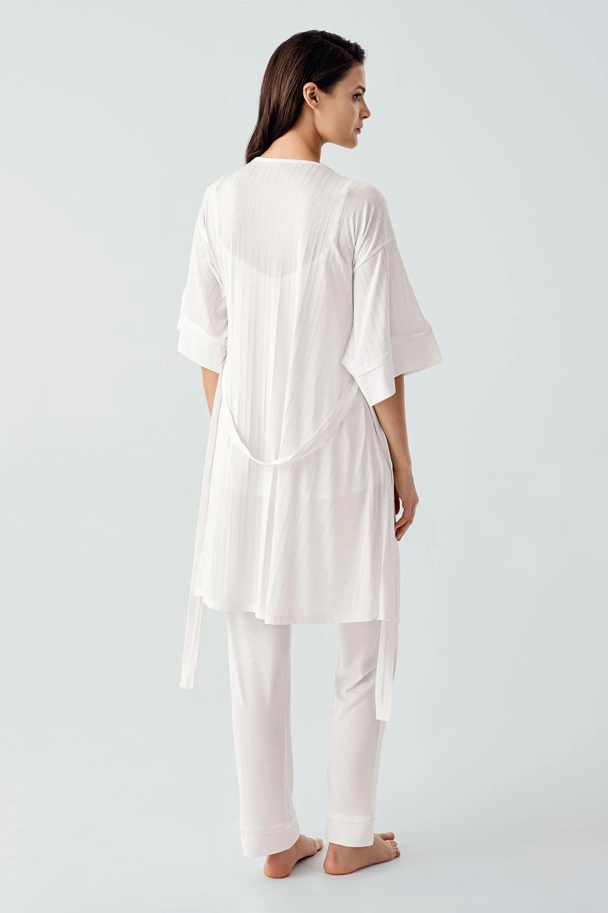 Strappy 3-Piece Maternity-Nursing Pajama & Jacquard Robe Set Ecru - 17301