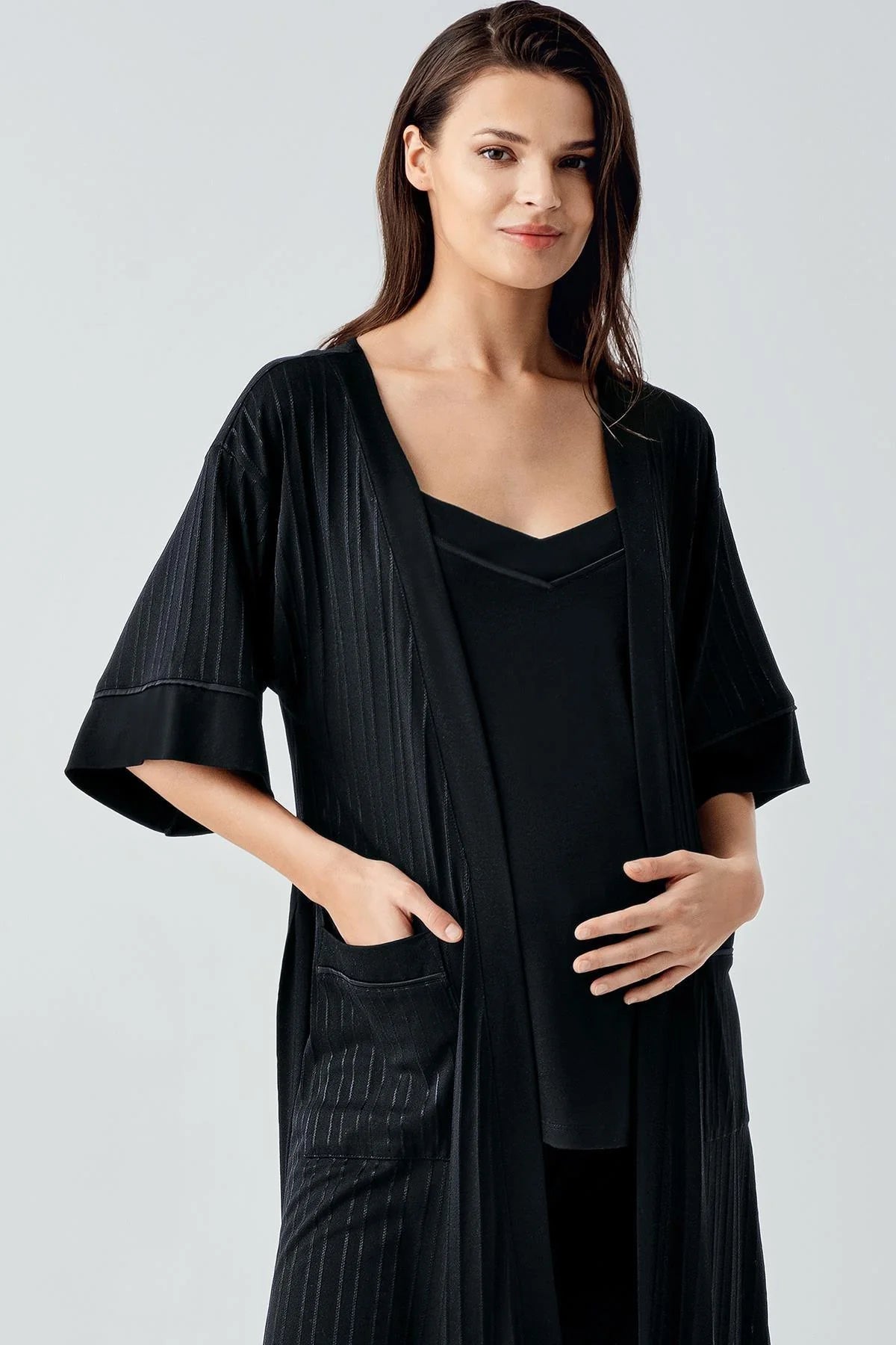Strappy 3-Piece Maternity-Nursing Pajama & Jacquard Robe Set Black - 17301