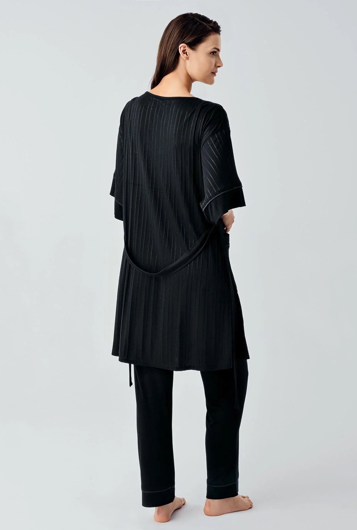 Strappy 3-Piece Maternity-Nursing Pajama & Jacquard Robe Set Black - 17301