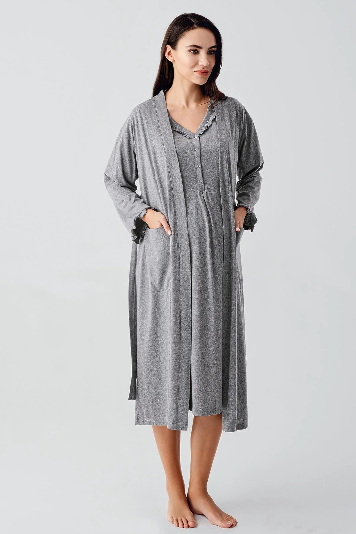Pleated Double Breastfeeding Maternity-Nursing Nightgown Robe Set Gr