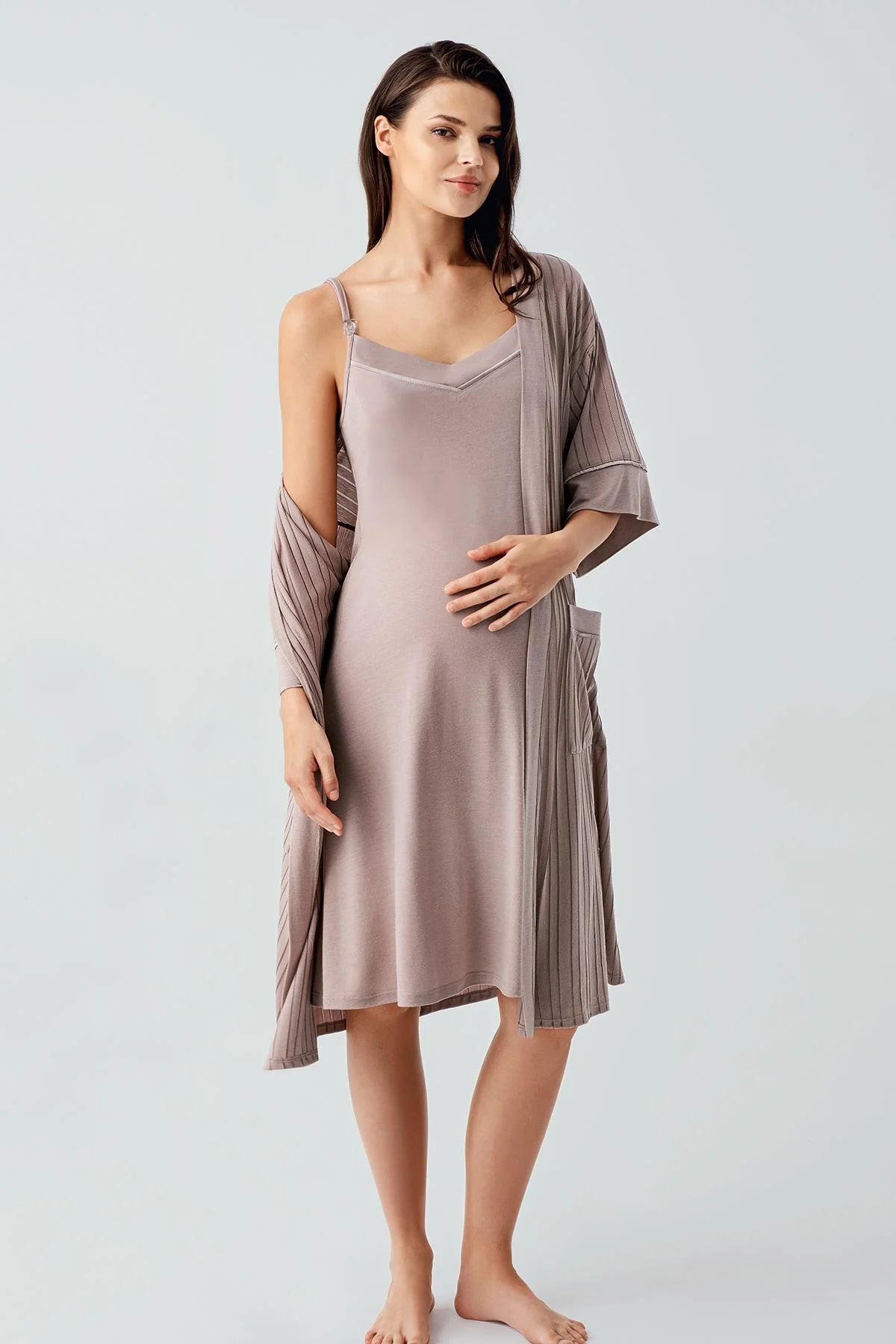 Strappy Maternity-Nursing Nightgown & Jacquard Robe Set Mink - 17401