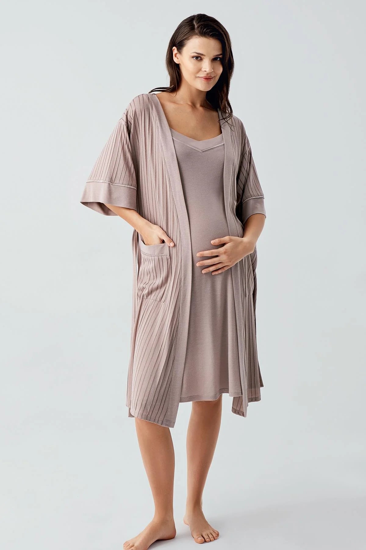 Strappy Maternity-Nursing Nightgown & Jacquard Robe Set Mink - 17401