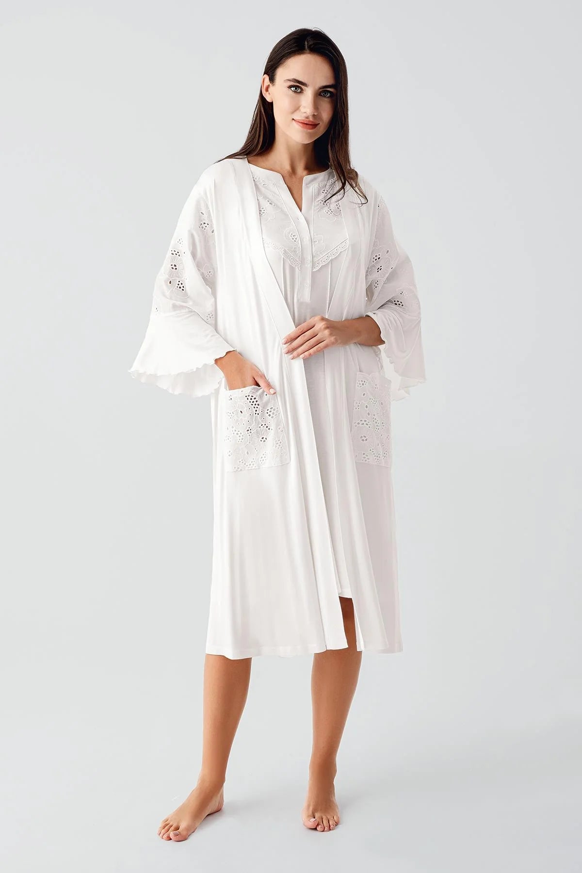 Embroidered Detailed 4-Piece Maternity-Nursing Set Ecru - 403203