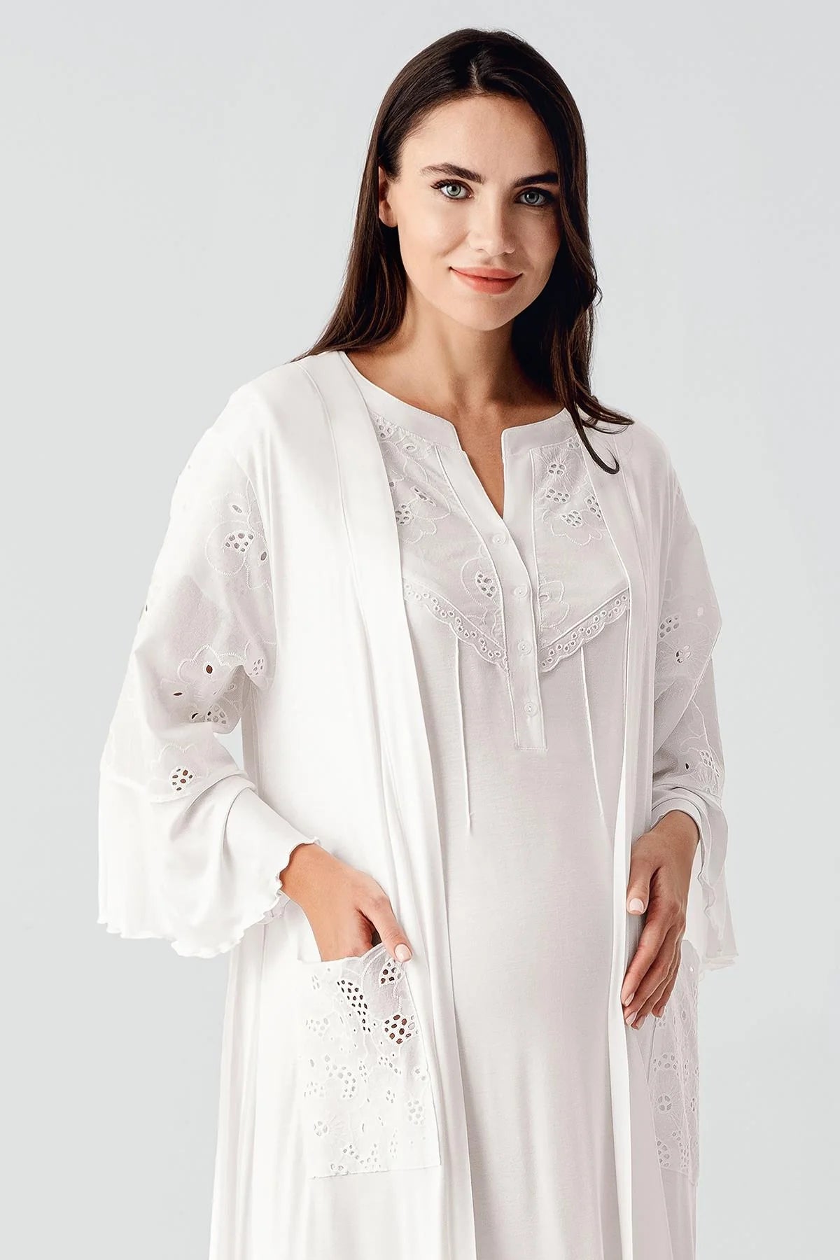 Embroidered Detailed 4-Piece Maternity-Nursing Set Ecru - 403203