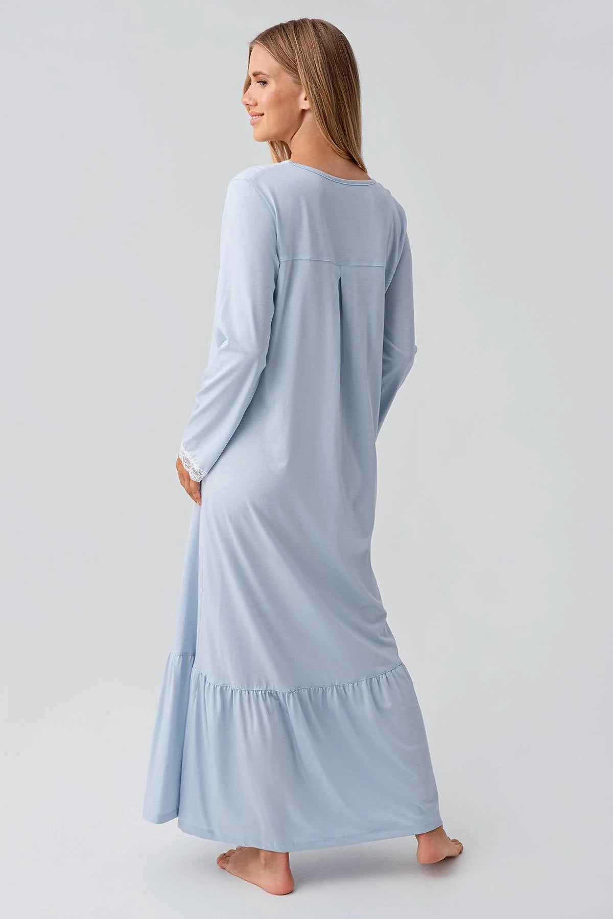 Lace Collar Cotton Plus Size Maternity & Nursing Nightgown Blue - 18100