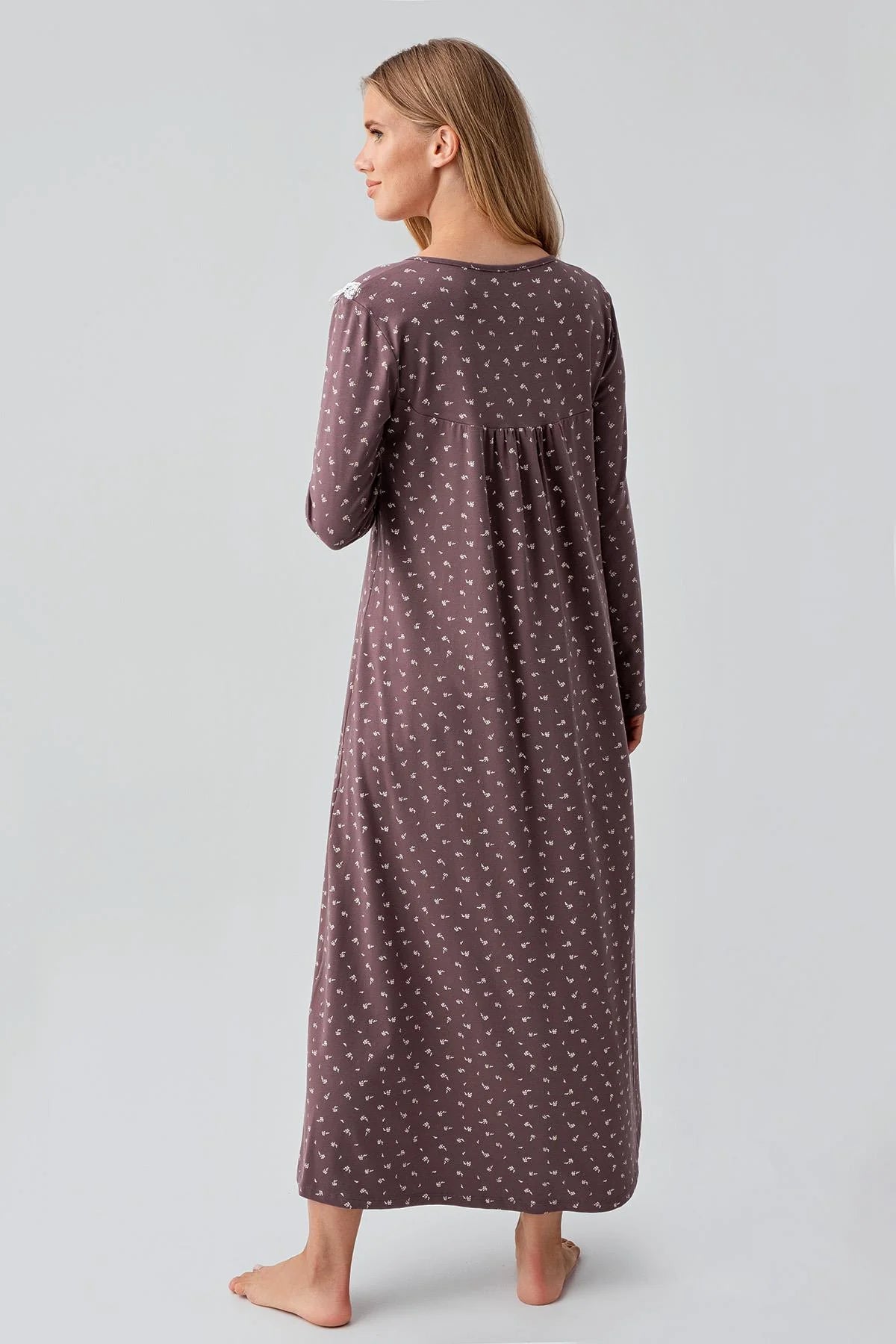 Patterned Lacy Cotton Plus Size Maternity & Nursing Nightgown Coffee - 18101
