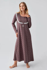 Patterned Lacy Cotton Plus Size Maternity & Nursing Nightgown Coffee - 18101