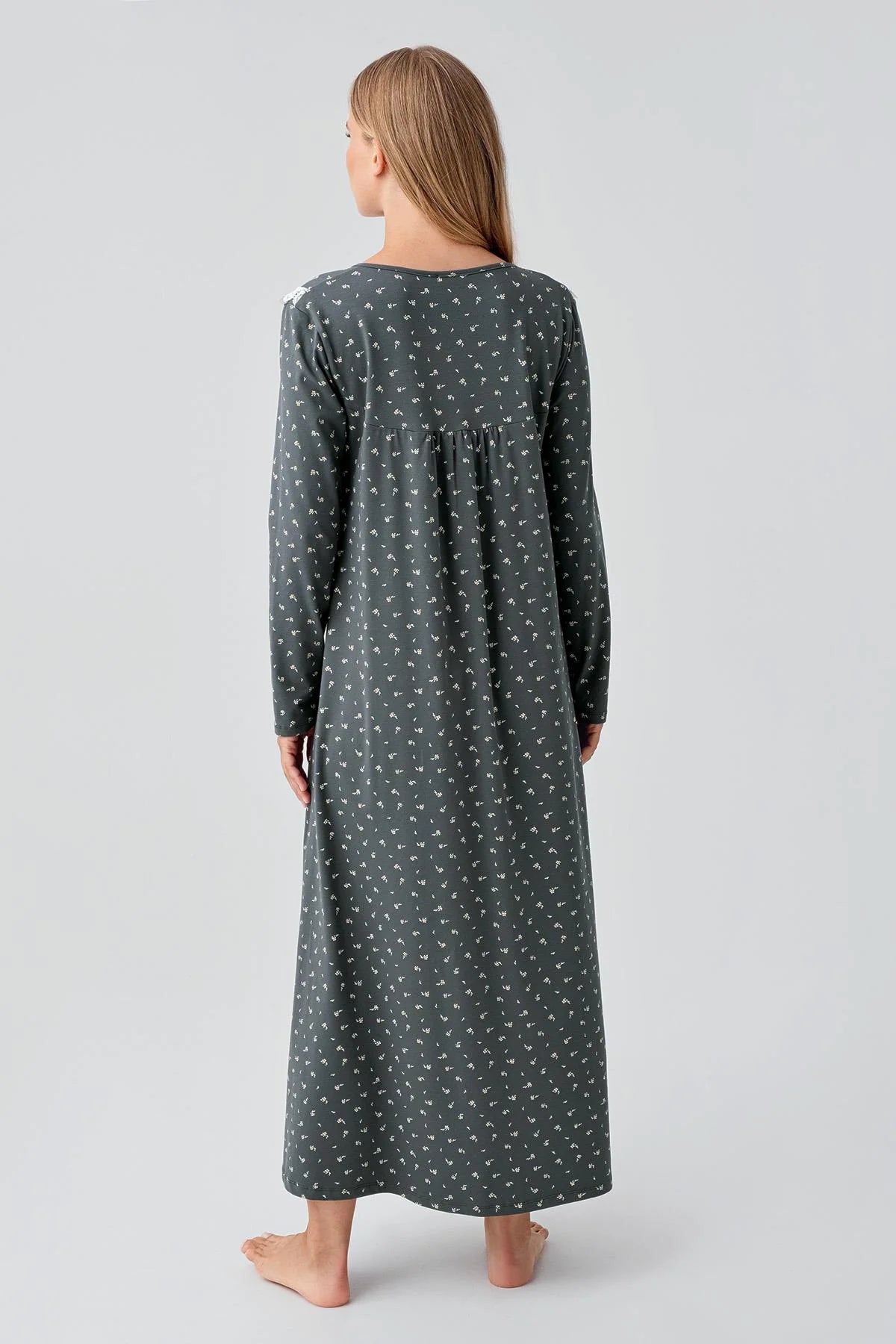 Patterned Lacy Cotton Plus Size Maternity & Nursing Nightgown Green - 18101