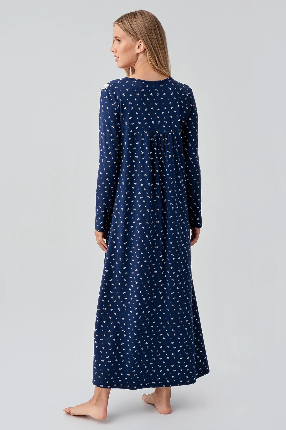 Patterned Lacy Cotton Plus Size Maternity & Nursing Nightgown Navy Blue - 18101